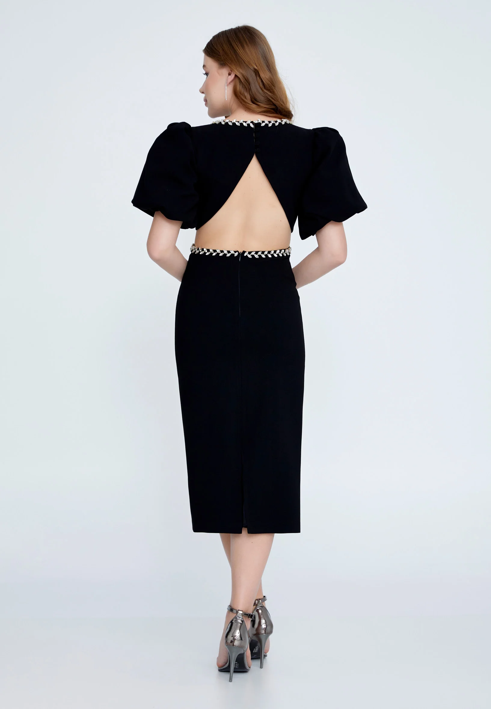 Short Sleeve Midi Crepe Column Regular Evening Dress jnm23-318 - Image 6