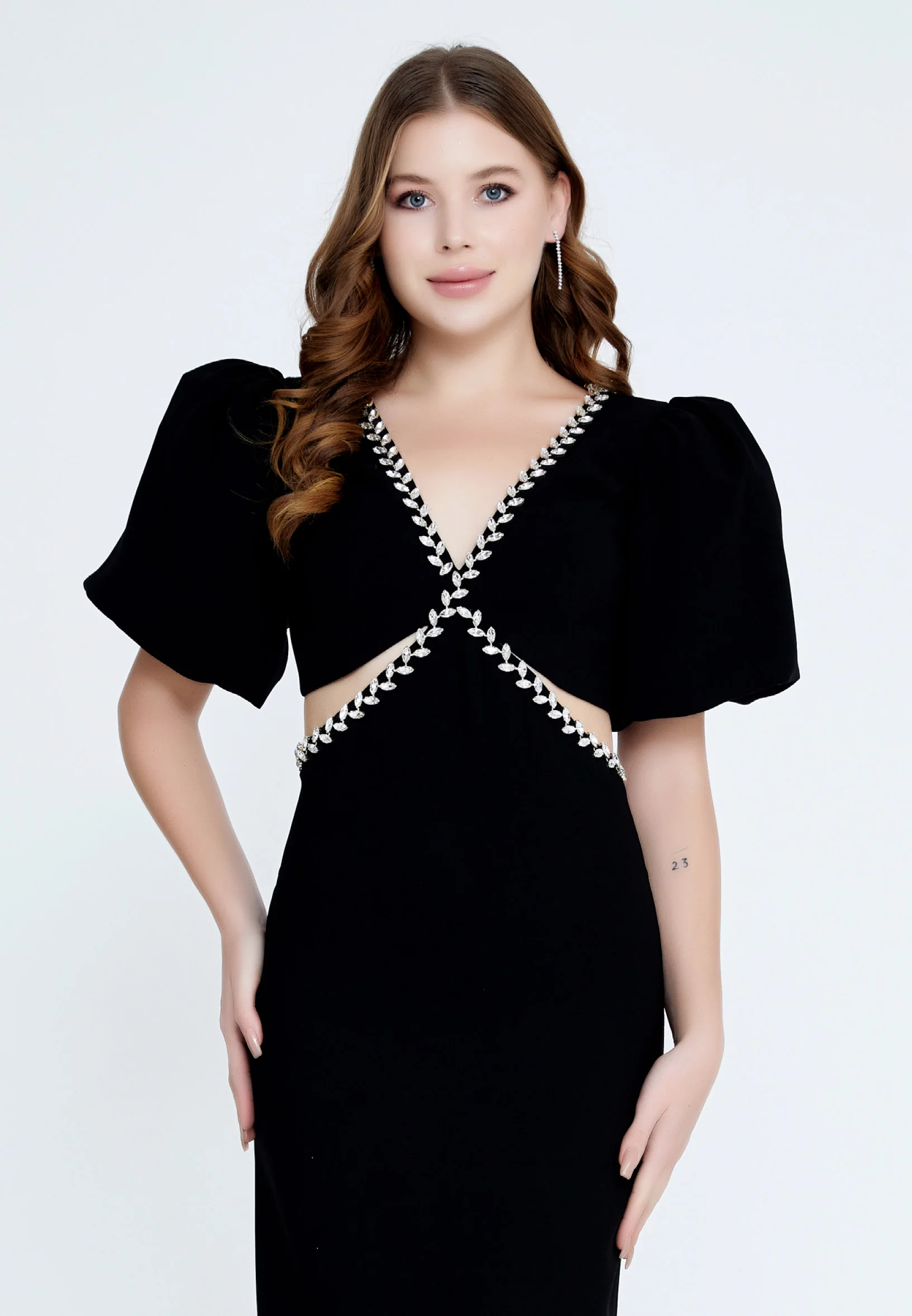 Short Sleeve Midi Crepe Column Regular Evening Dress jnm23-318 - Image 8