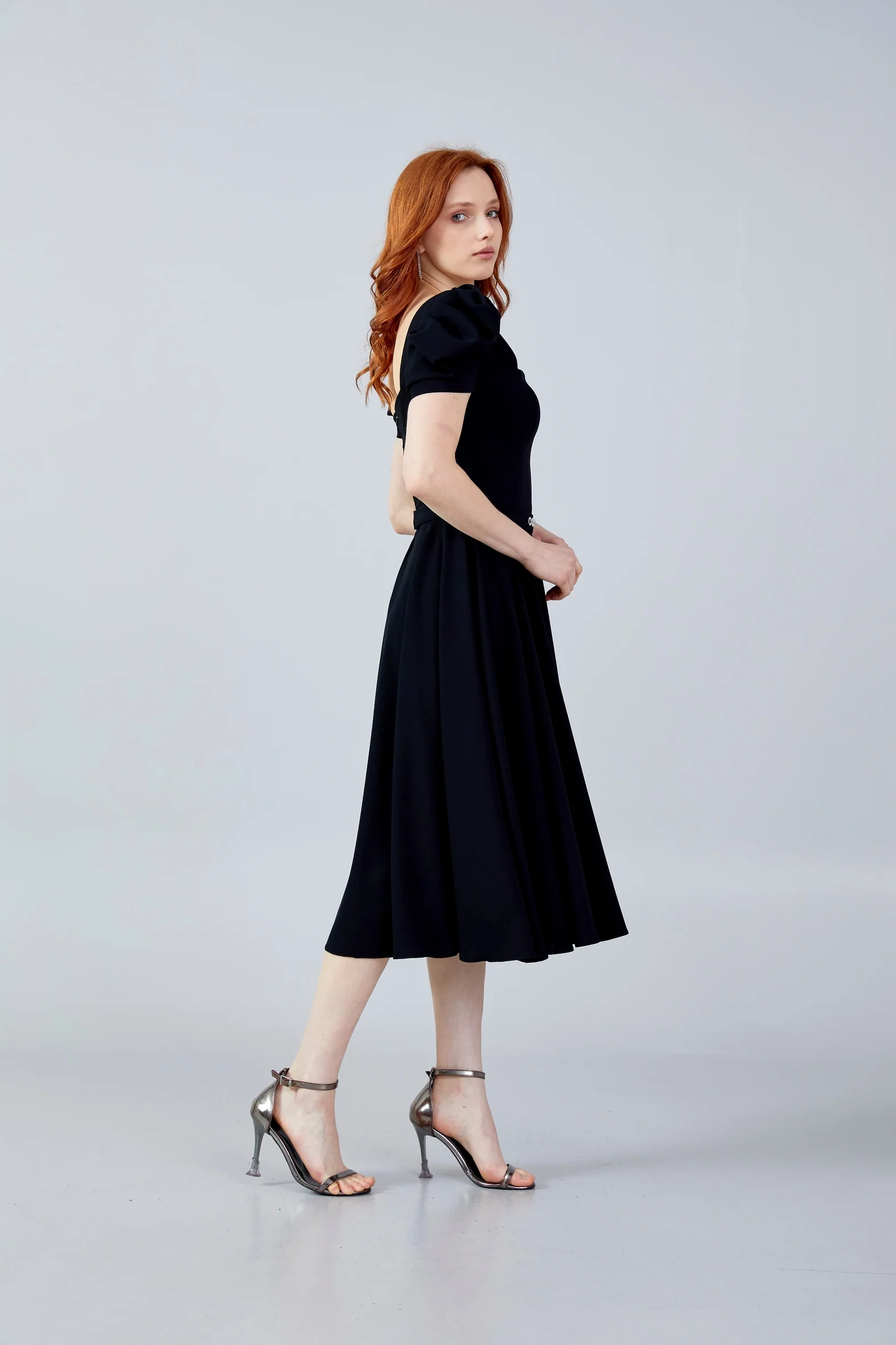 Short Sleeve Midi Crepe Column Regular Evening Dress jnm23-366 - Image 3