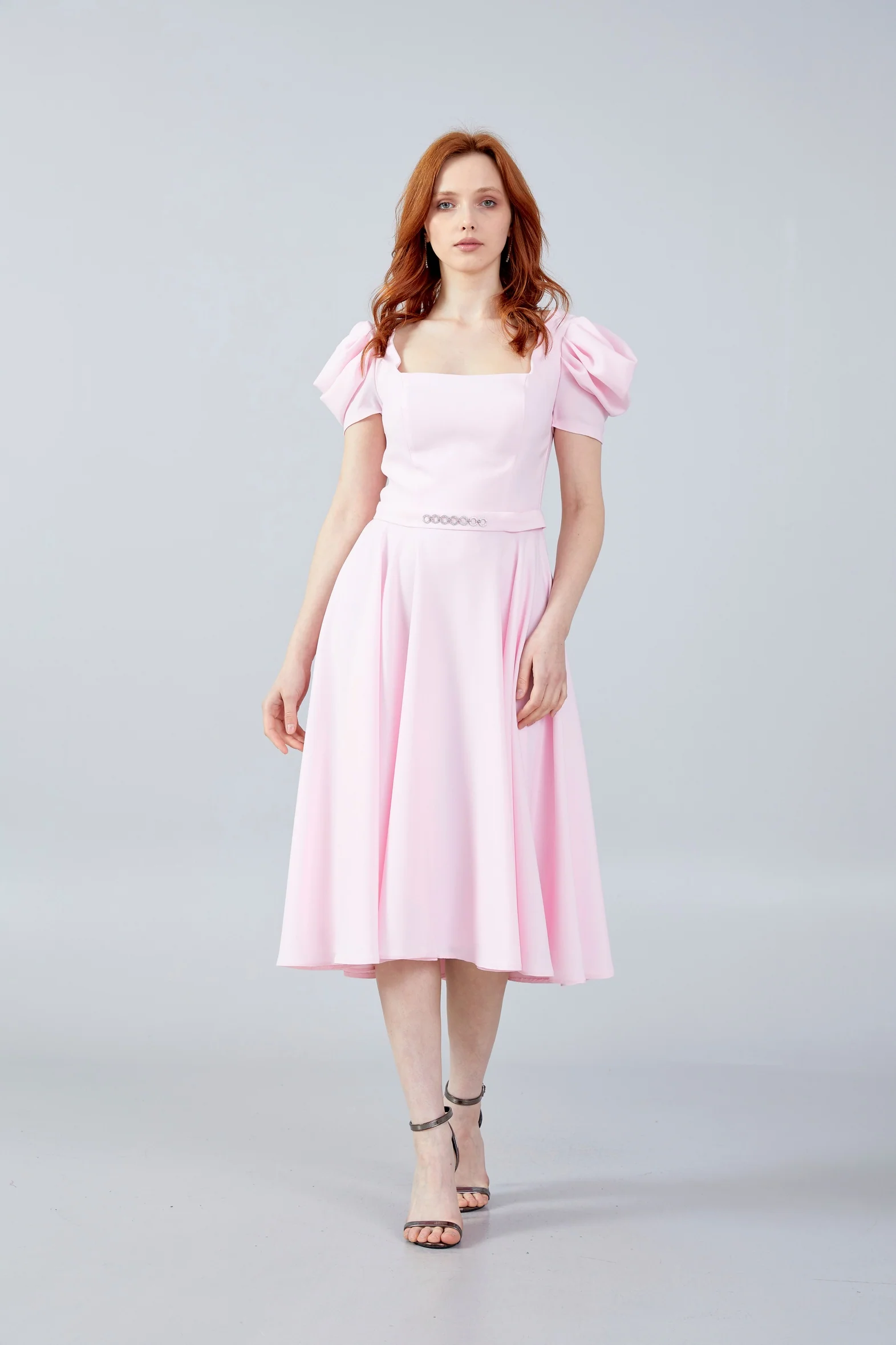 Short Sleeve Midi Crepe Column Regular Evening Dress jnm23-366 - Image 5