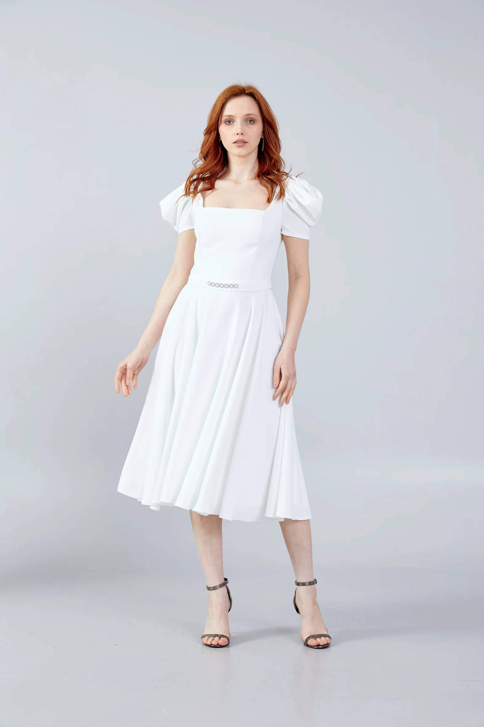 Short Sleeve Midi Crepe Column Regular Evening Dress jnm23-366 - Image 9