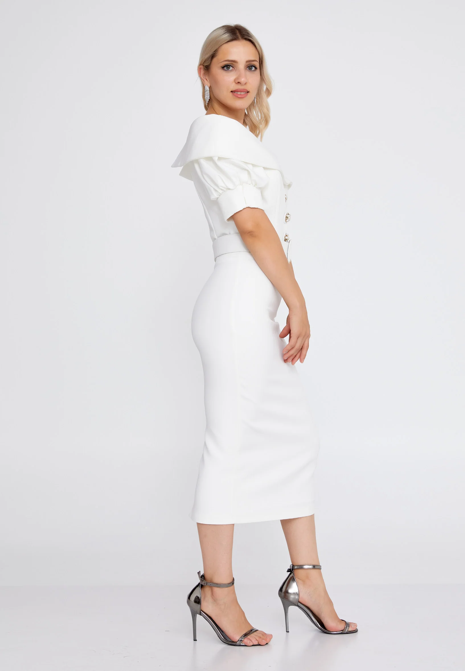 Short Sleeve Midi Crepe Column Regular Evening Dress pau6044 - Image 15