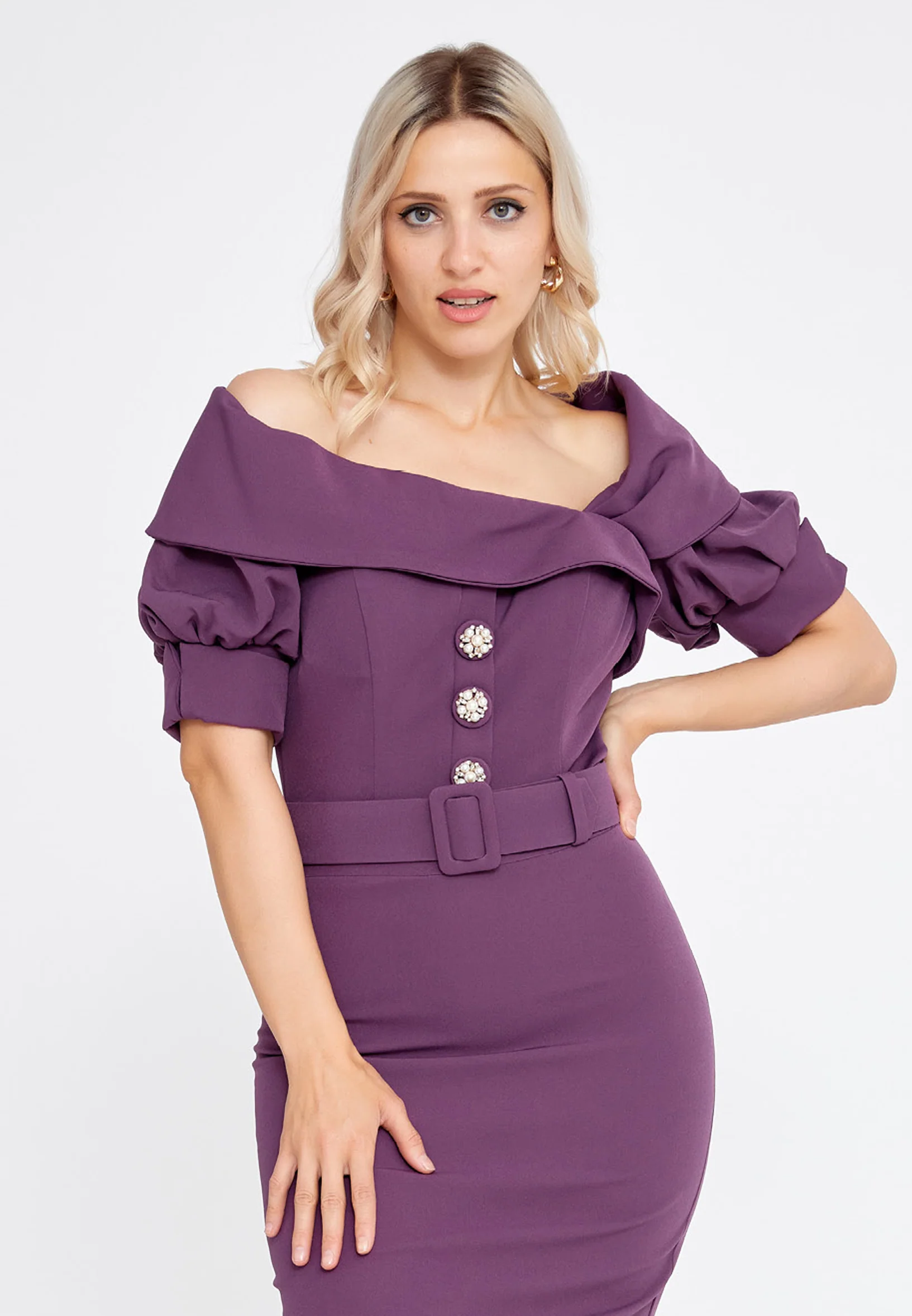 Short Sleeve Midi Crepe Column Regular Evening Dress pau6044 - Image 4
