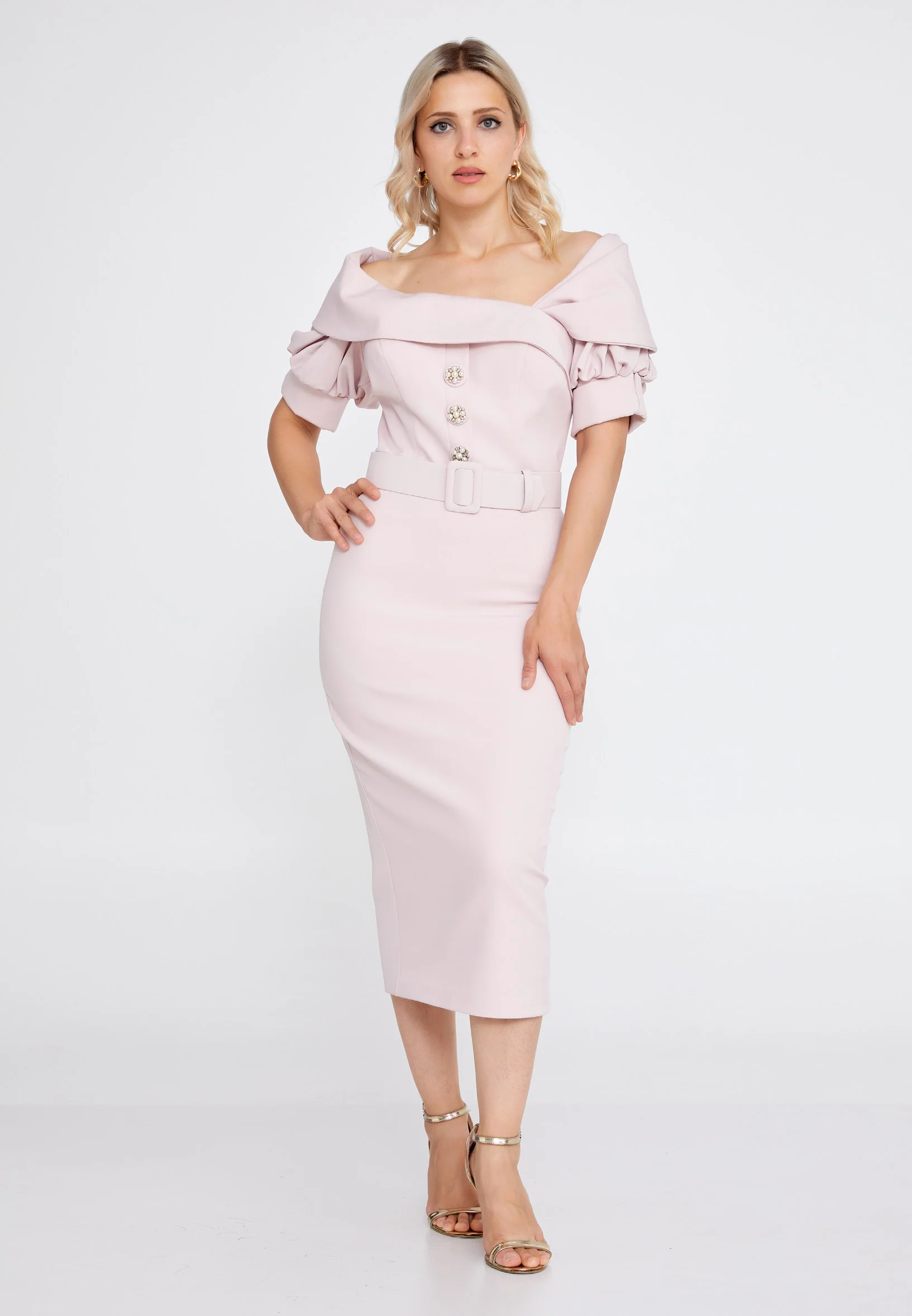 Short Sleeve Midi Crepe Column Regular Evening Dress pau6044 - Image 5