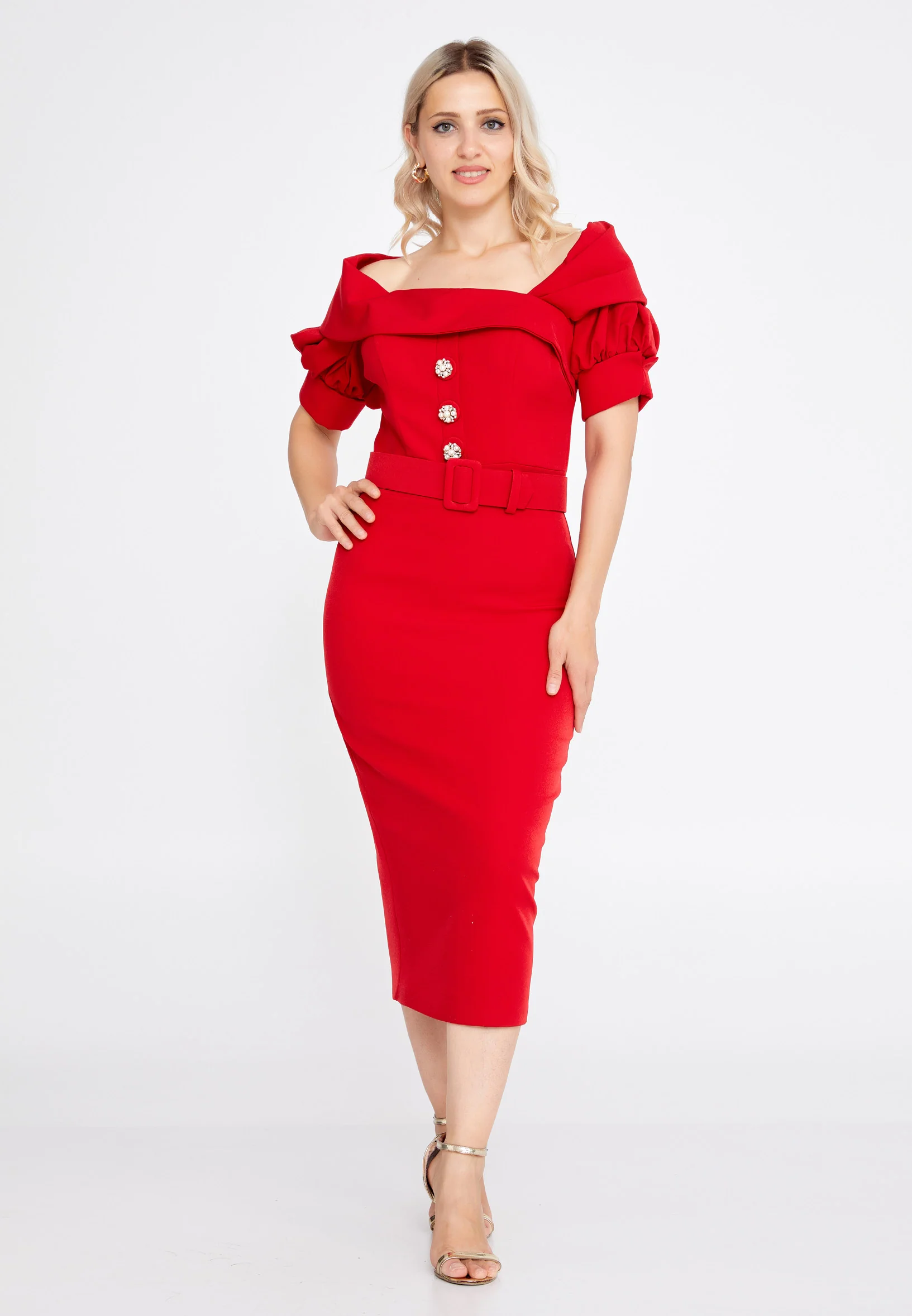 Short Sleeve Midi Crepe Column Regular Evening Dress pau6044 - Image 9