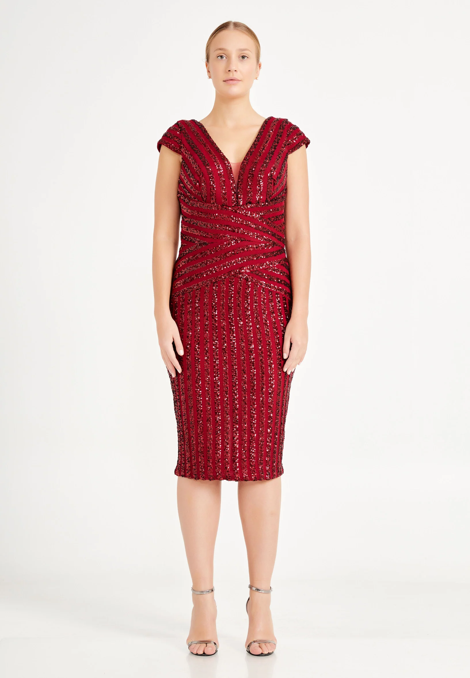 Short Sleeve Midi Sequin Column Plus Size Evening Dress dkl636-b