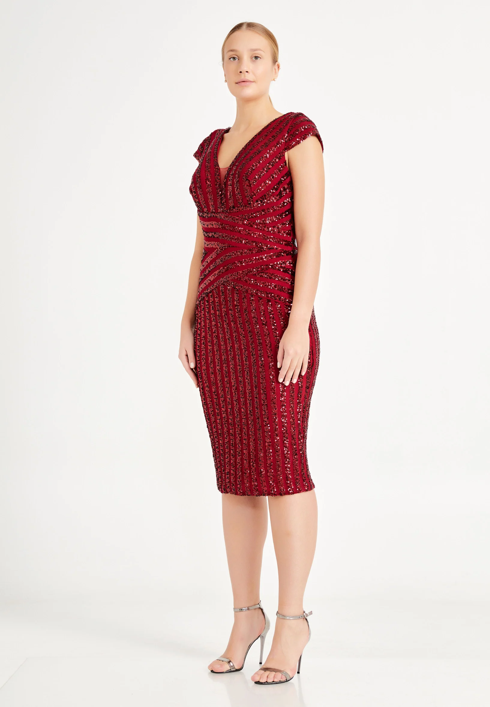 Short Sleeve Midi Sequin Column Plus Size Evening Dress dkl636-b - Image 3
