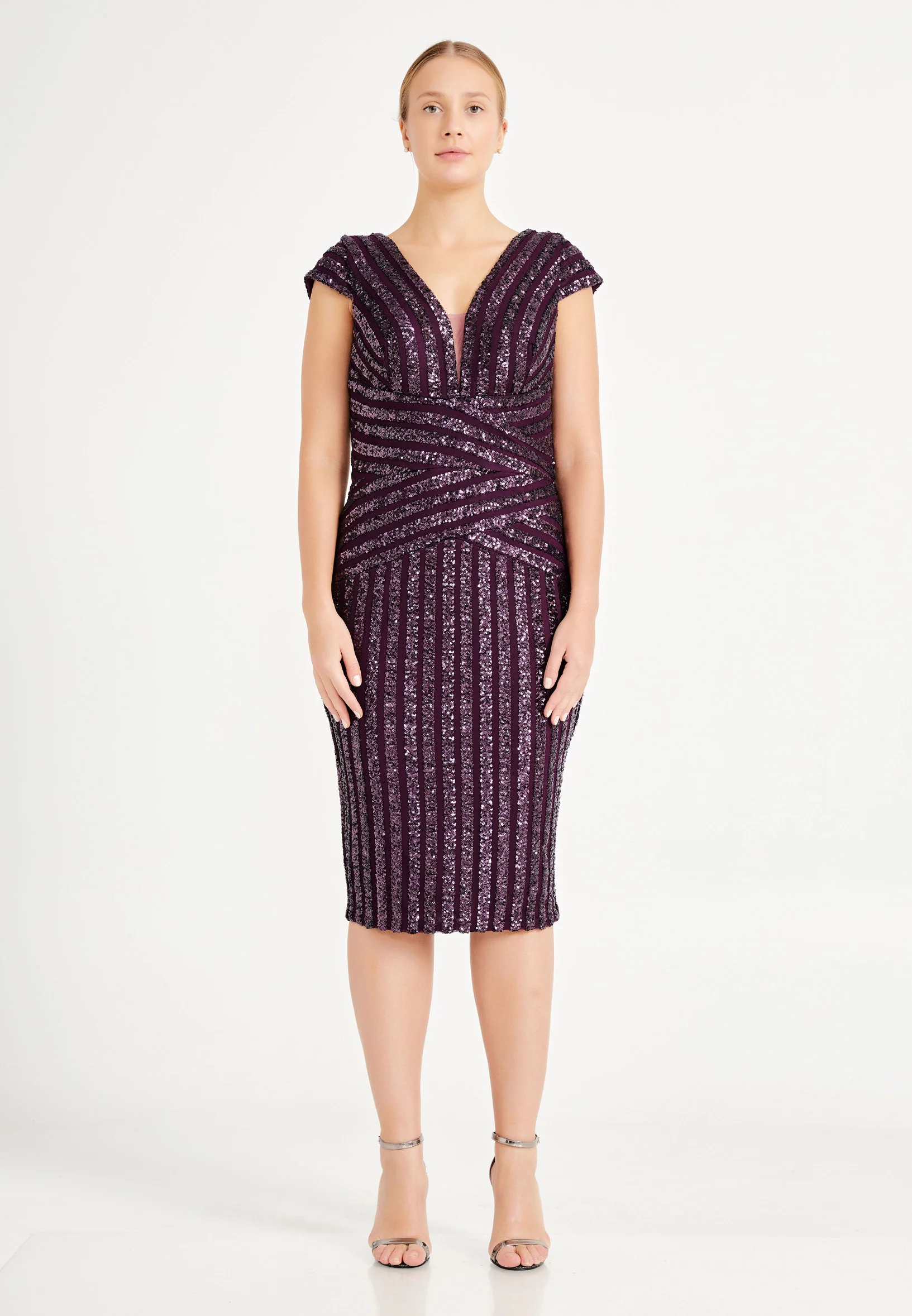 Short Sleeve Midi Sequin Column Plus Size Evening Dress dkl636-b - Image 9