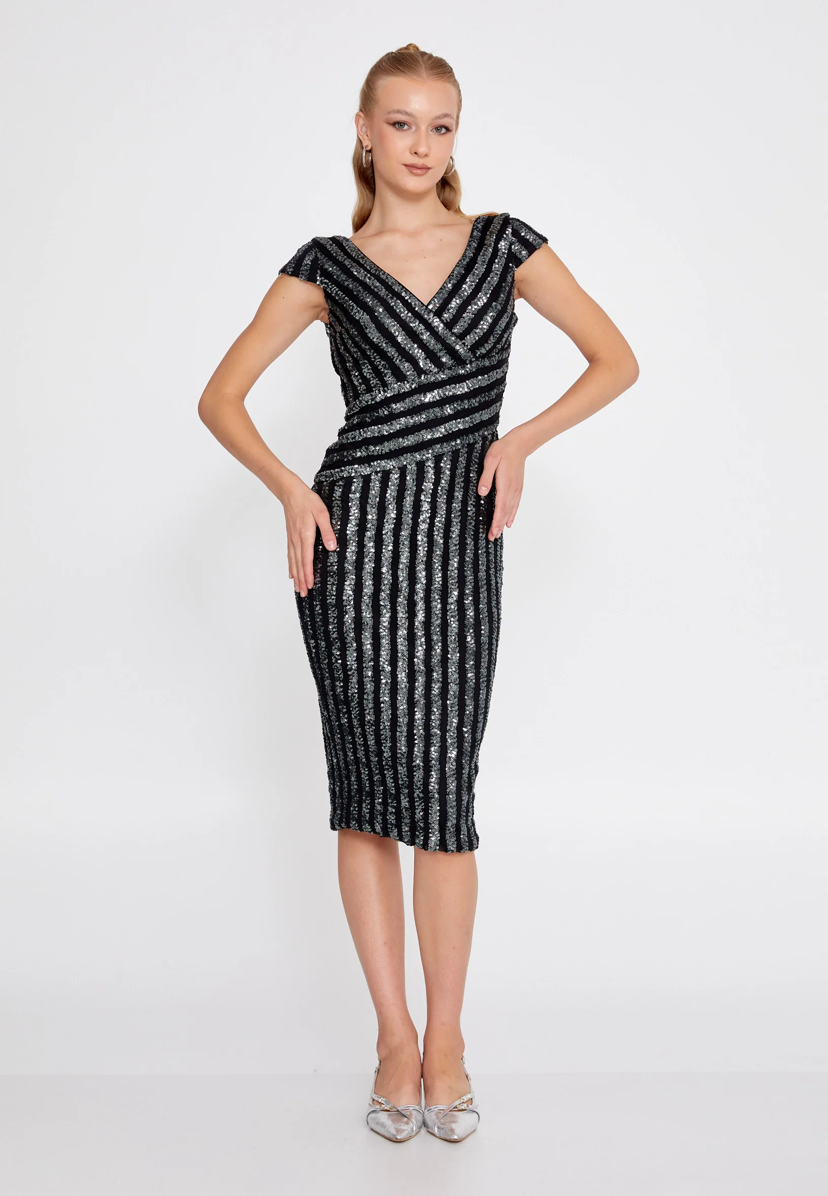 Short Sleeve Midi Sequin Column Regular Evening Dress dkl632-k