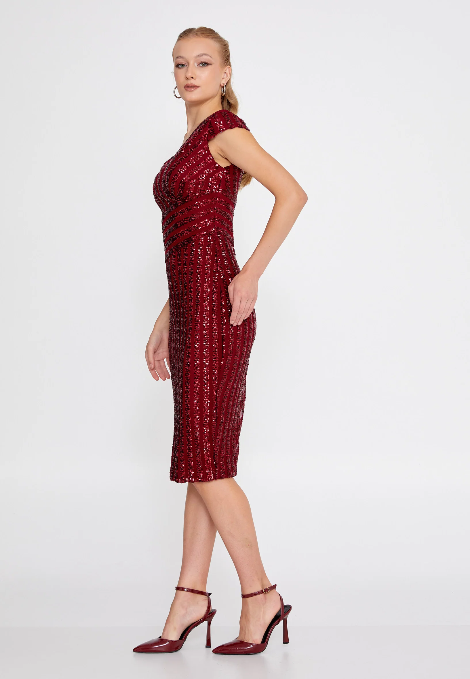 Short Sleeve Midi Sequin Column Regular Evening Dress dkl632-k - Image 7