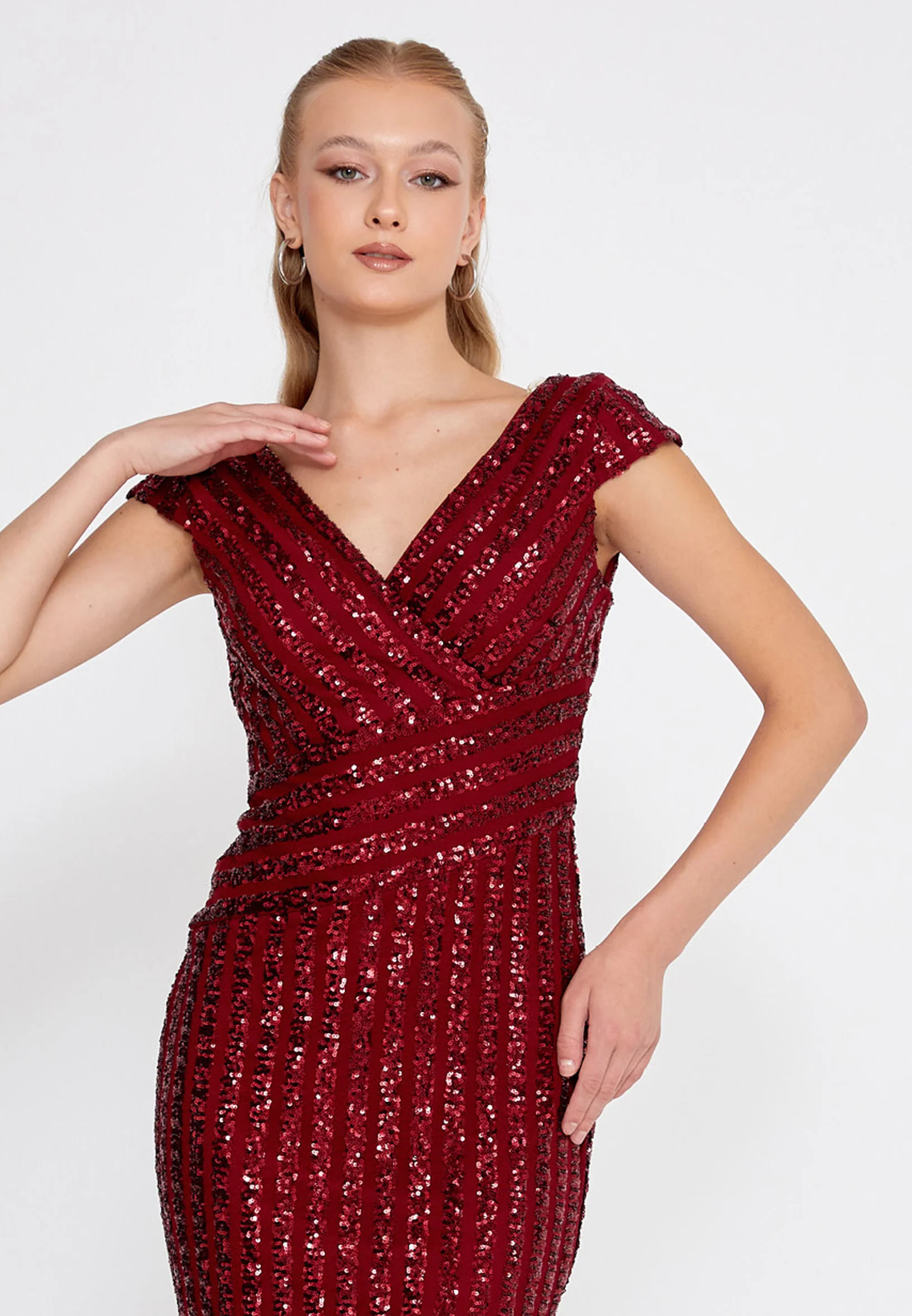 Short Sleeve Midi Sequin Column Regular Evening Dress dkl632-k - Image 8