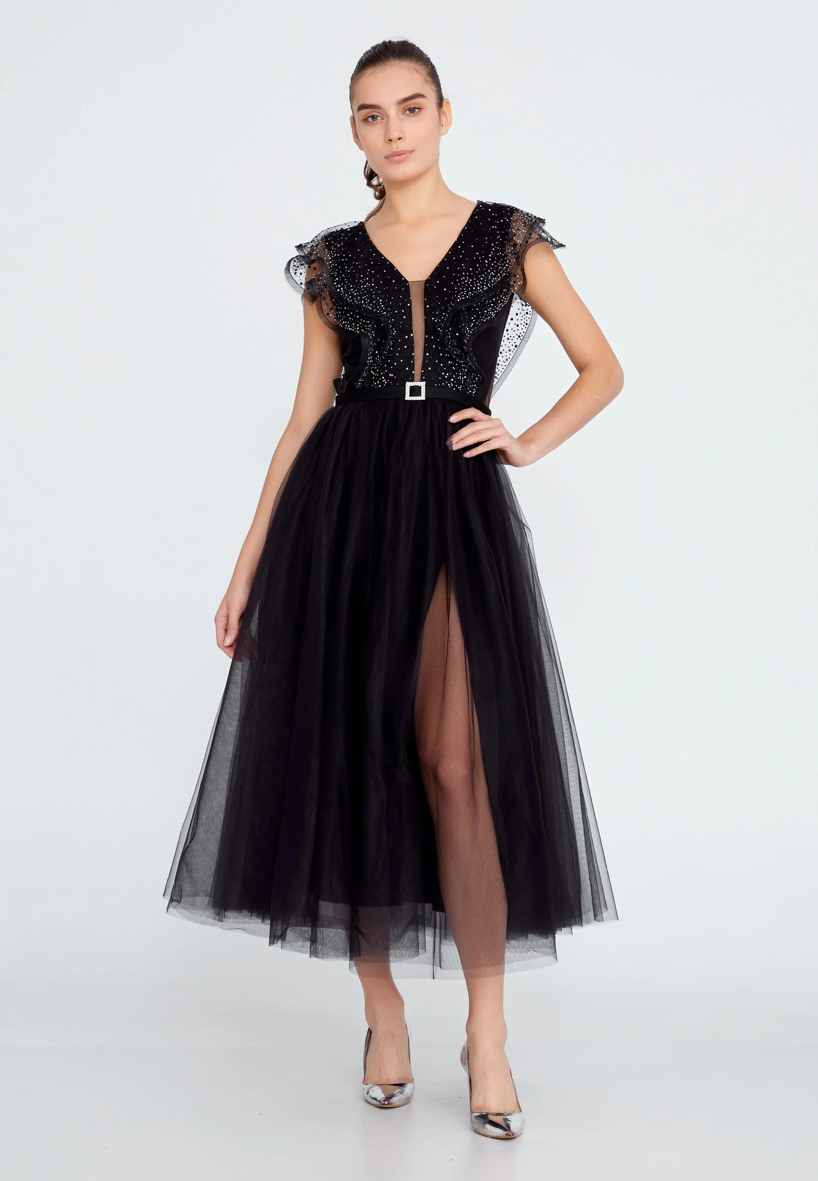 Short Sleeve Midi Tulle A - Line Regular Prom Dress ses2650