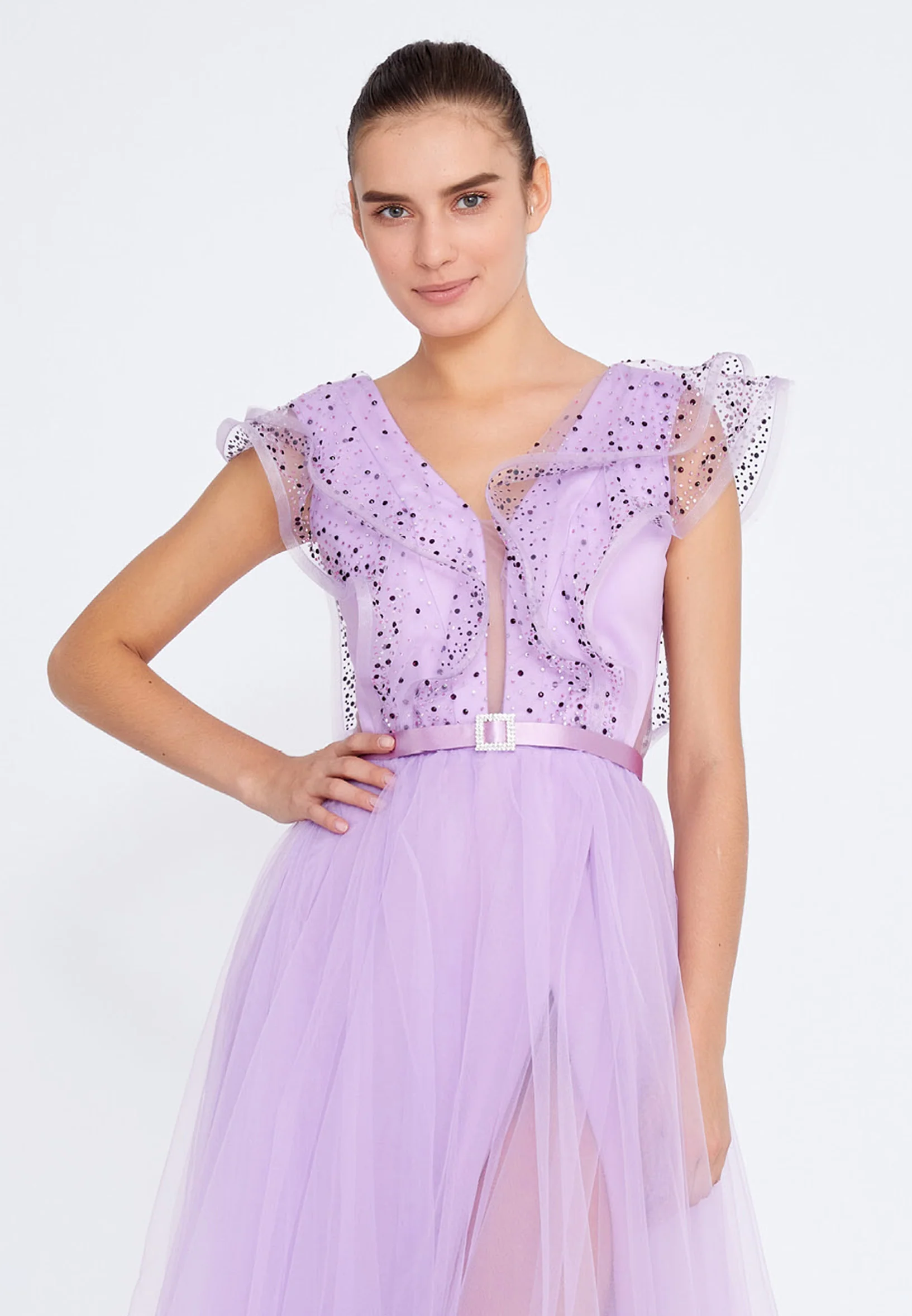 Short Sleeve Midi Tulle A - Line Regular Prom Dress ses2650 - Image 16