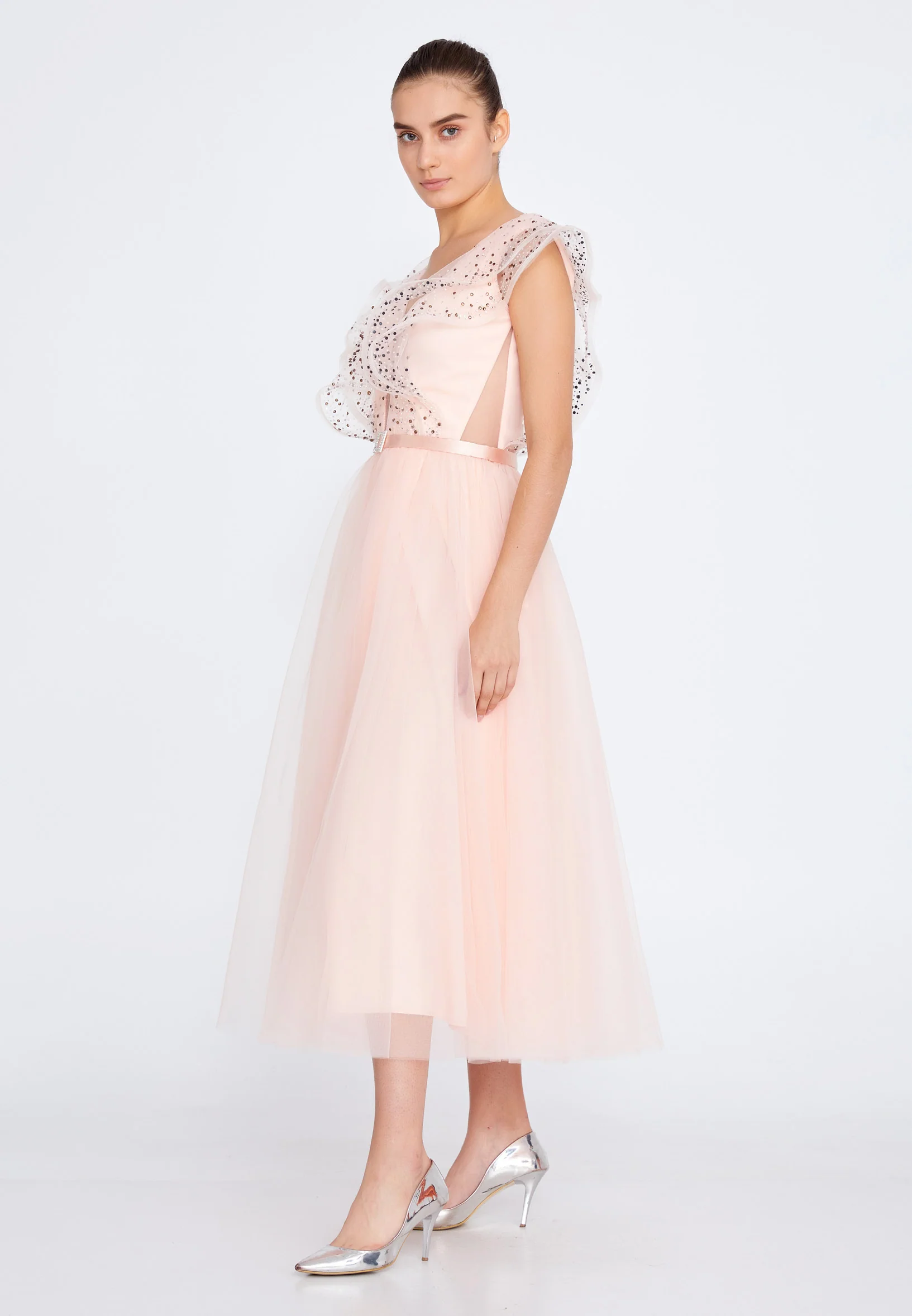 Short Sleeve Midi Tulle A - Line Regular Prom Dress ses2650 - Image 19
