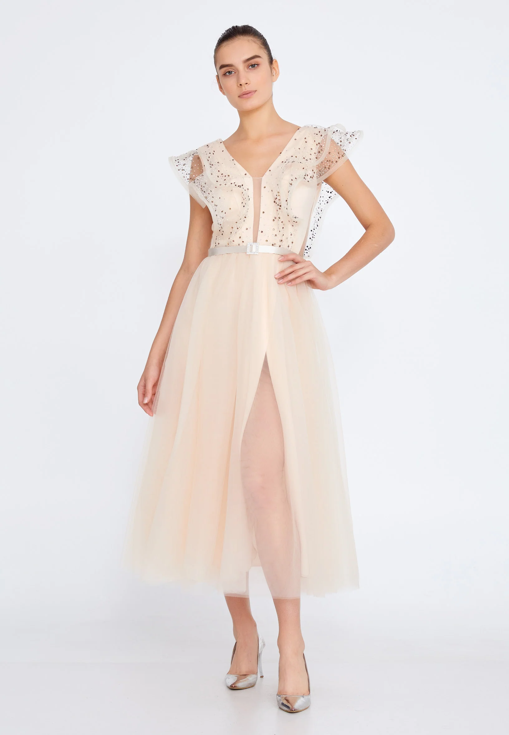 Short Sleeve Midi Tulle A - Line Regular Prom Dress ses2650 - Image 5