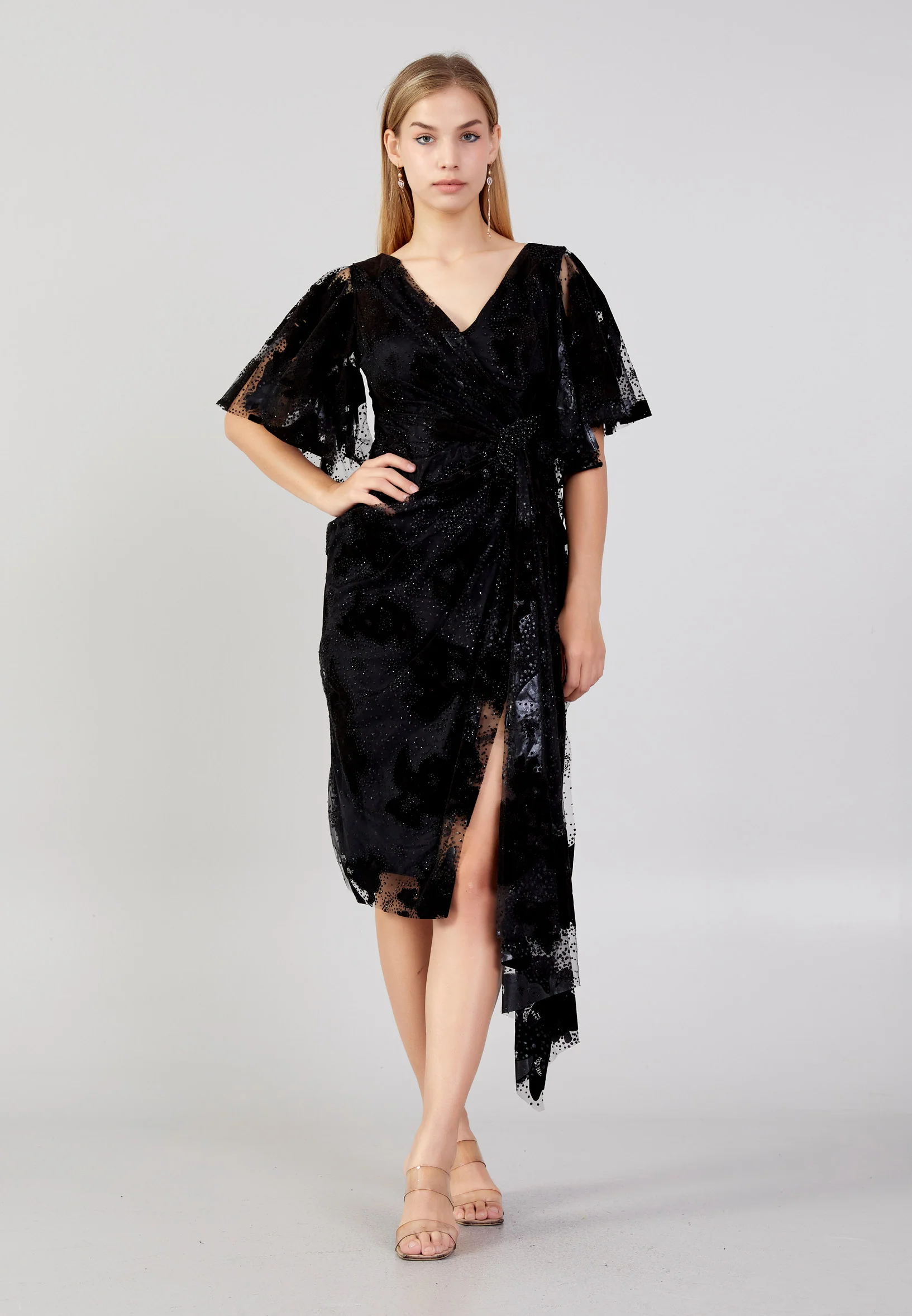 Short Sleeve Midi Tulle Column Plus Size Evening Dress ron7157-b