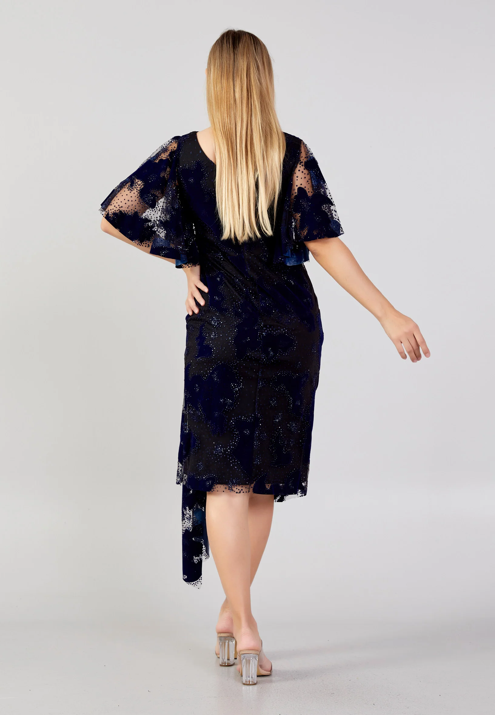 Short Sleeve Midi Tulle Column Plus Size Evening Dress ron7157-b - Image 14