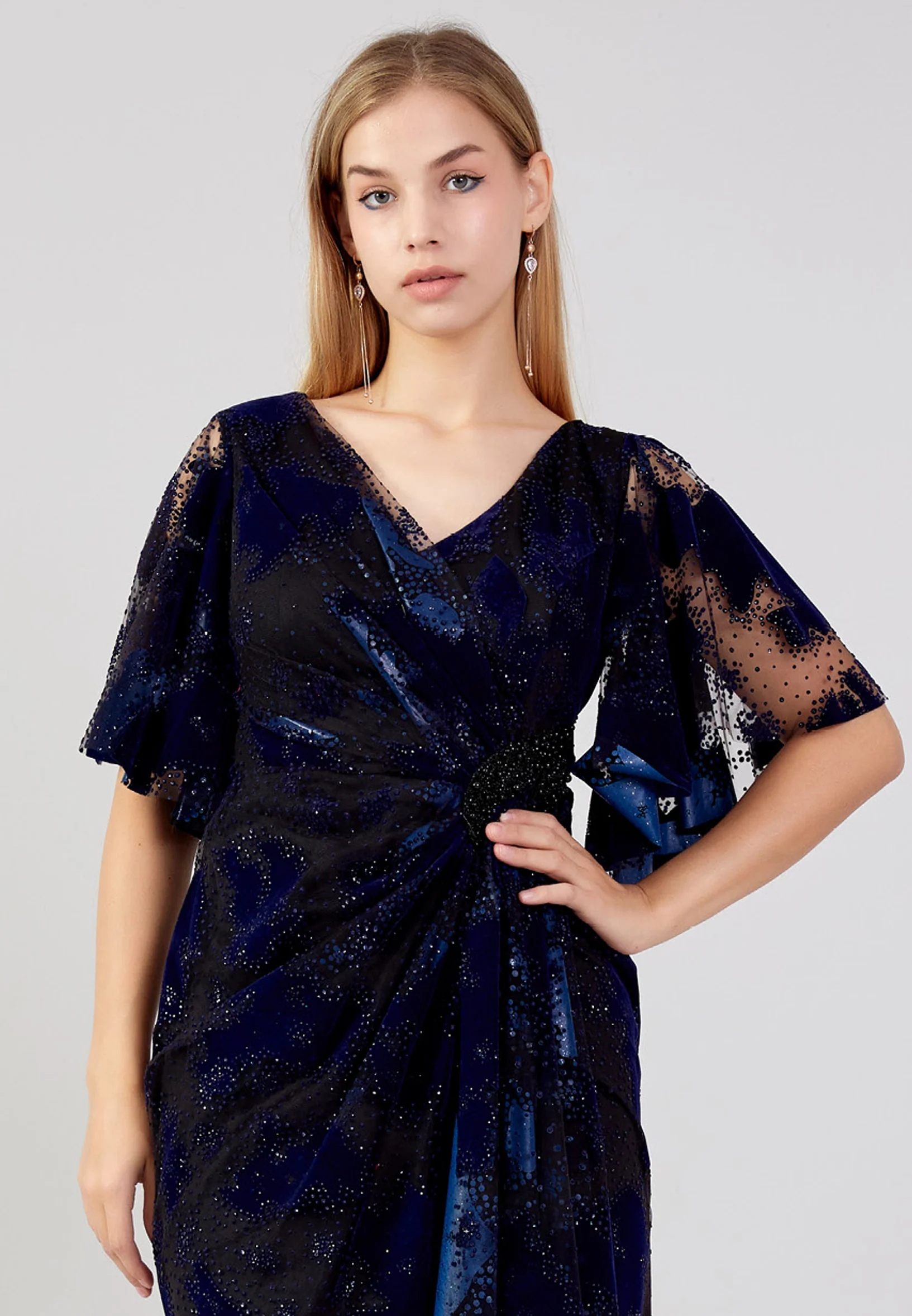 Short Sleeve Midi Tulle Column Plus Size Evening Dress ron7157-b - Image 16