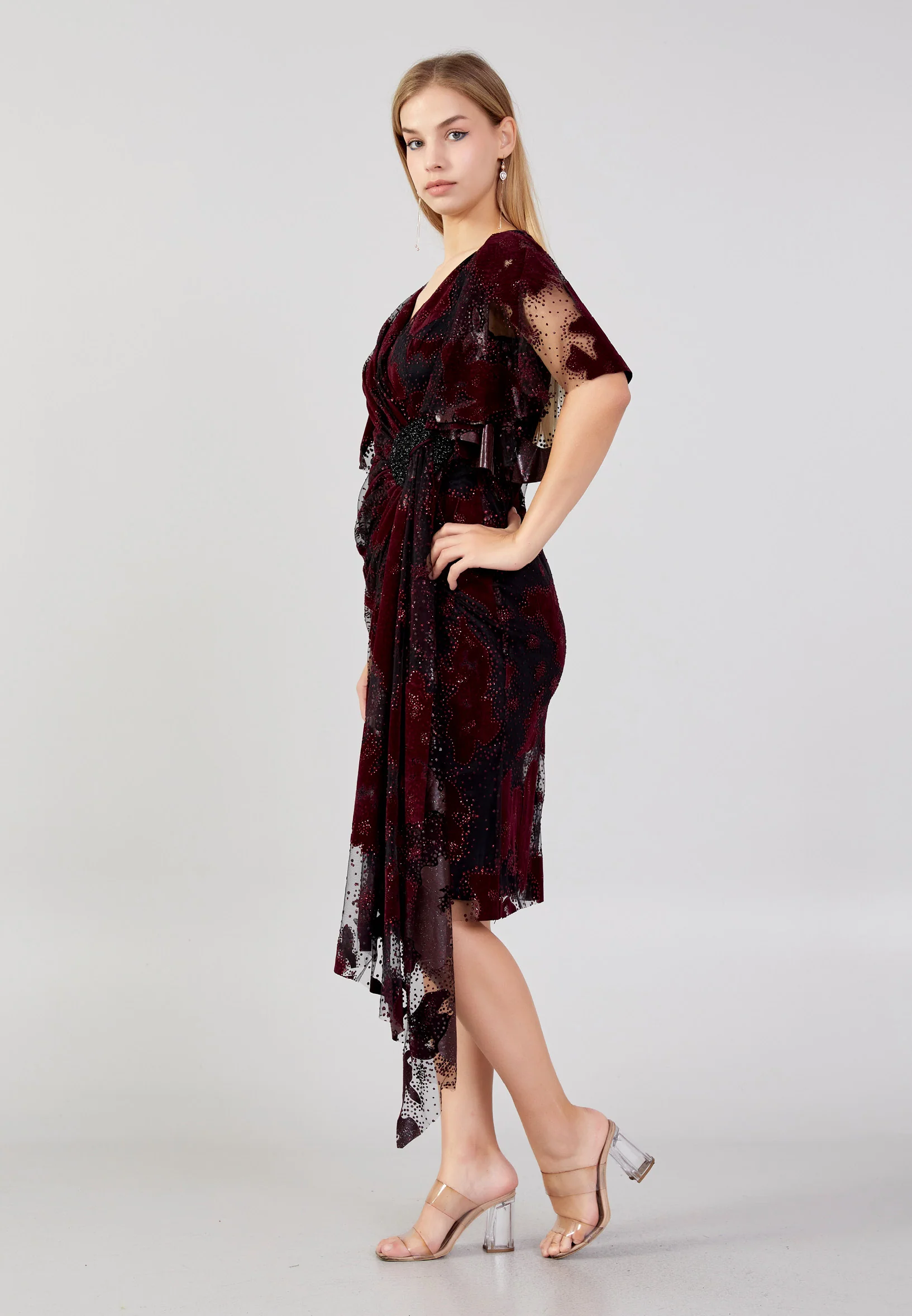 Short Sleeve Midi Tulle Column Plus Size Evening Dress ron7157-b - Image 19