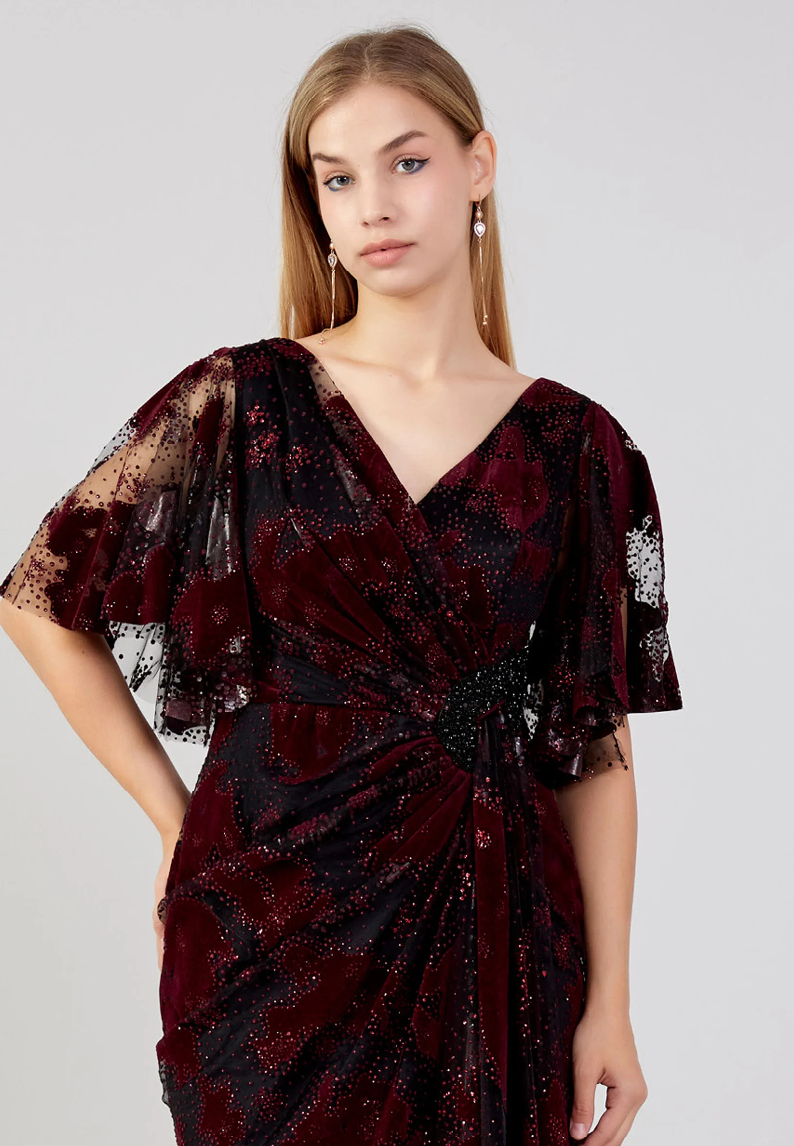 Short Sleeve Midi Tulle Column Plus Size Evening Dress ron7157-b - Image 20