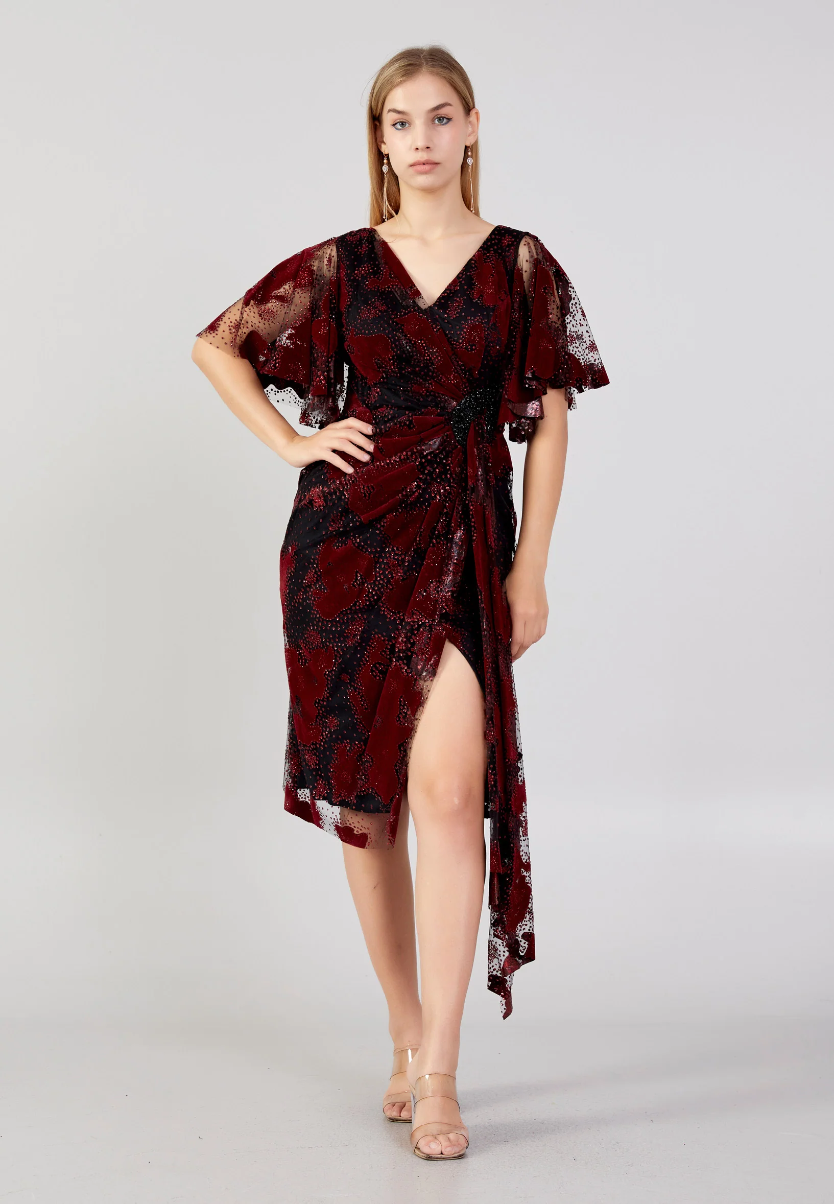 Short Sleeve Midi Tulle Column Plus Size Evening Dress ron7157-b - Image 5
