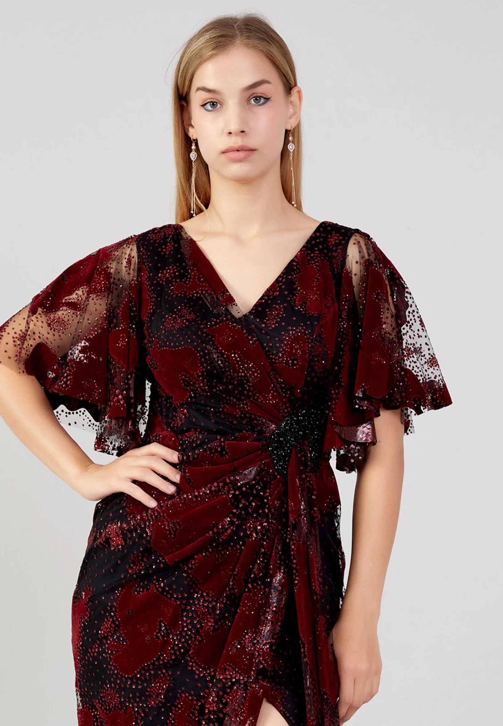 Short Sleeve Midi Tulle Column Plus Size Evening Dress ron7157-b - Image 8