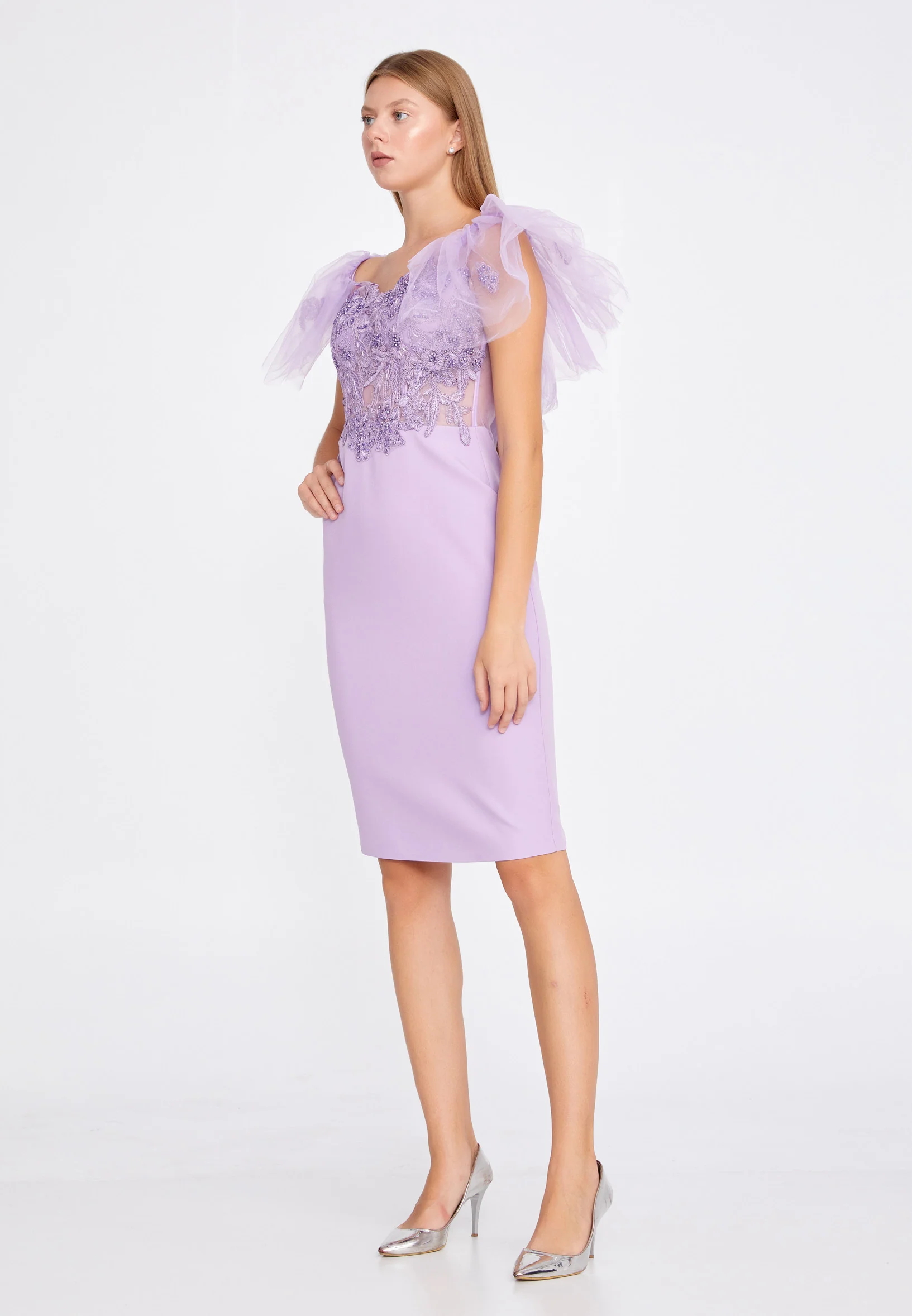 Short Sleeve Midi Tulle Column Regular Cocktail Dress jnm20-049 - Image 11