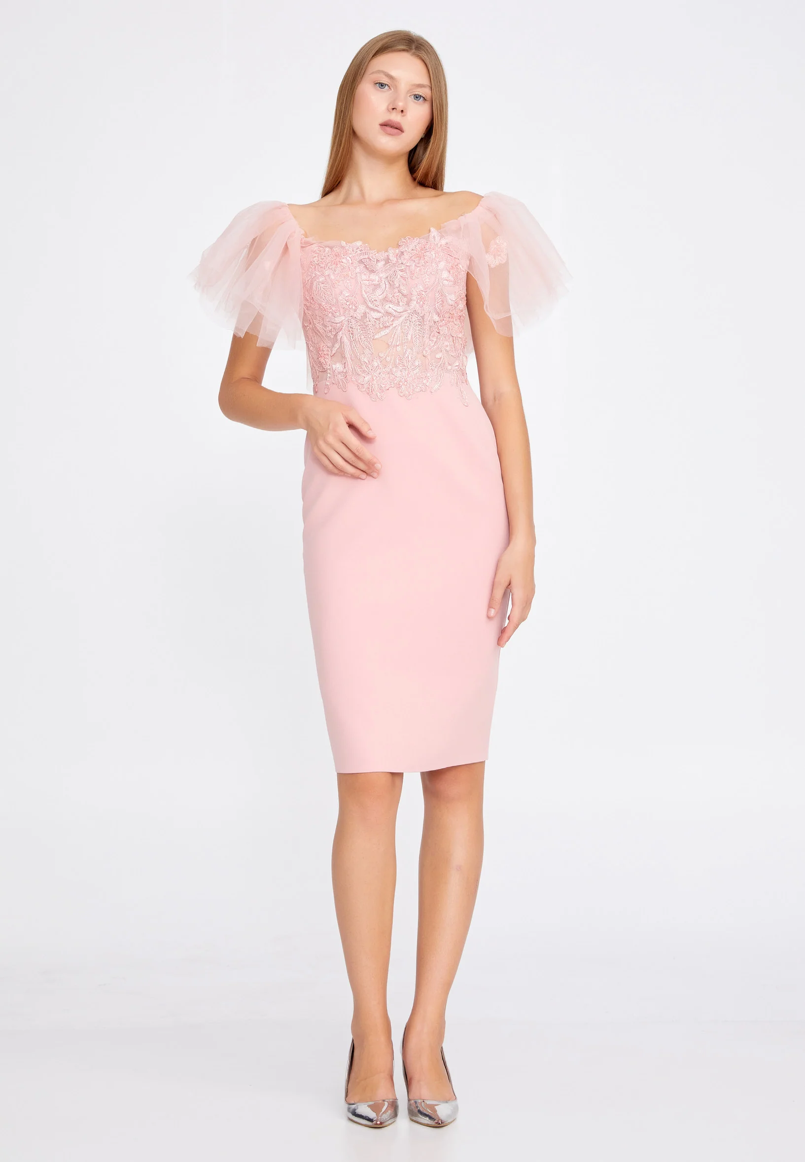 Short Sleeve Midi Tulle Column Regular Cocktail Dress jnm20-049 - Image 13