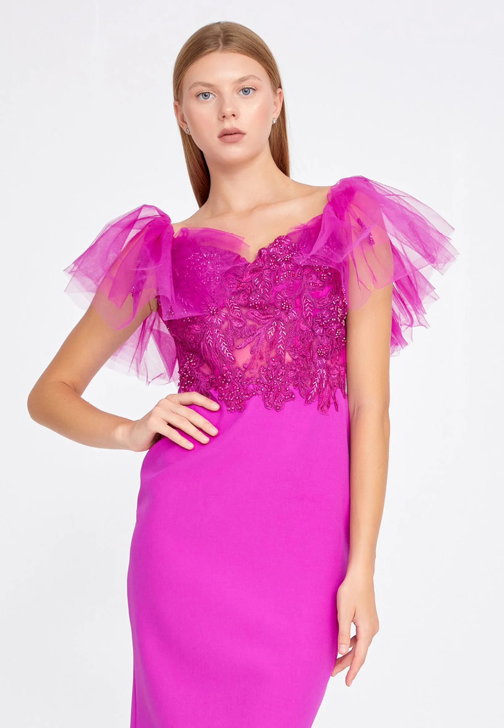 Short Sleeve Midi Tulle Column Regular Cocktail Dress jnm20-049 - Image 8