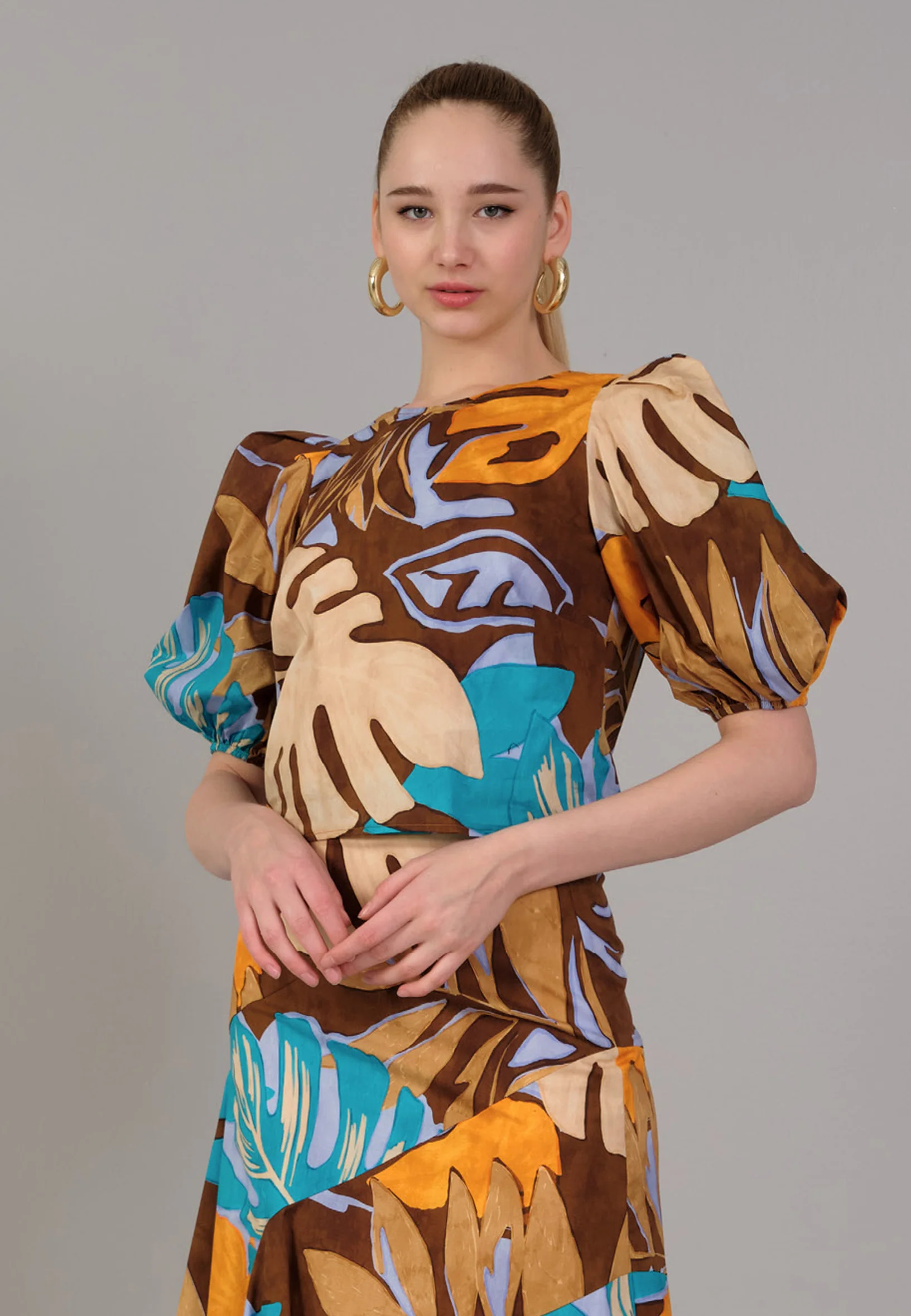 Short Sleeve Patterned Regular Blouse kmy24y10415