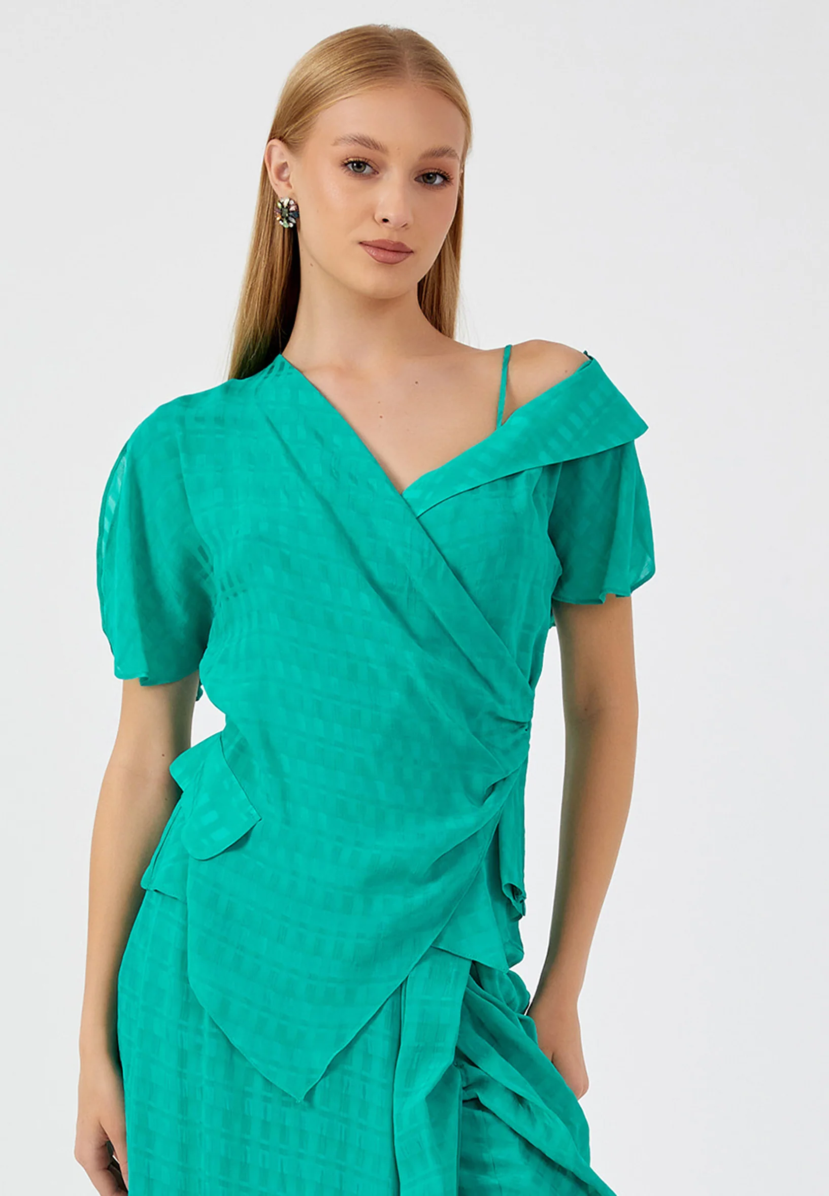 Short Sleeve Patterned Regular Blouse kmy24y10418 - Image 5