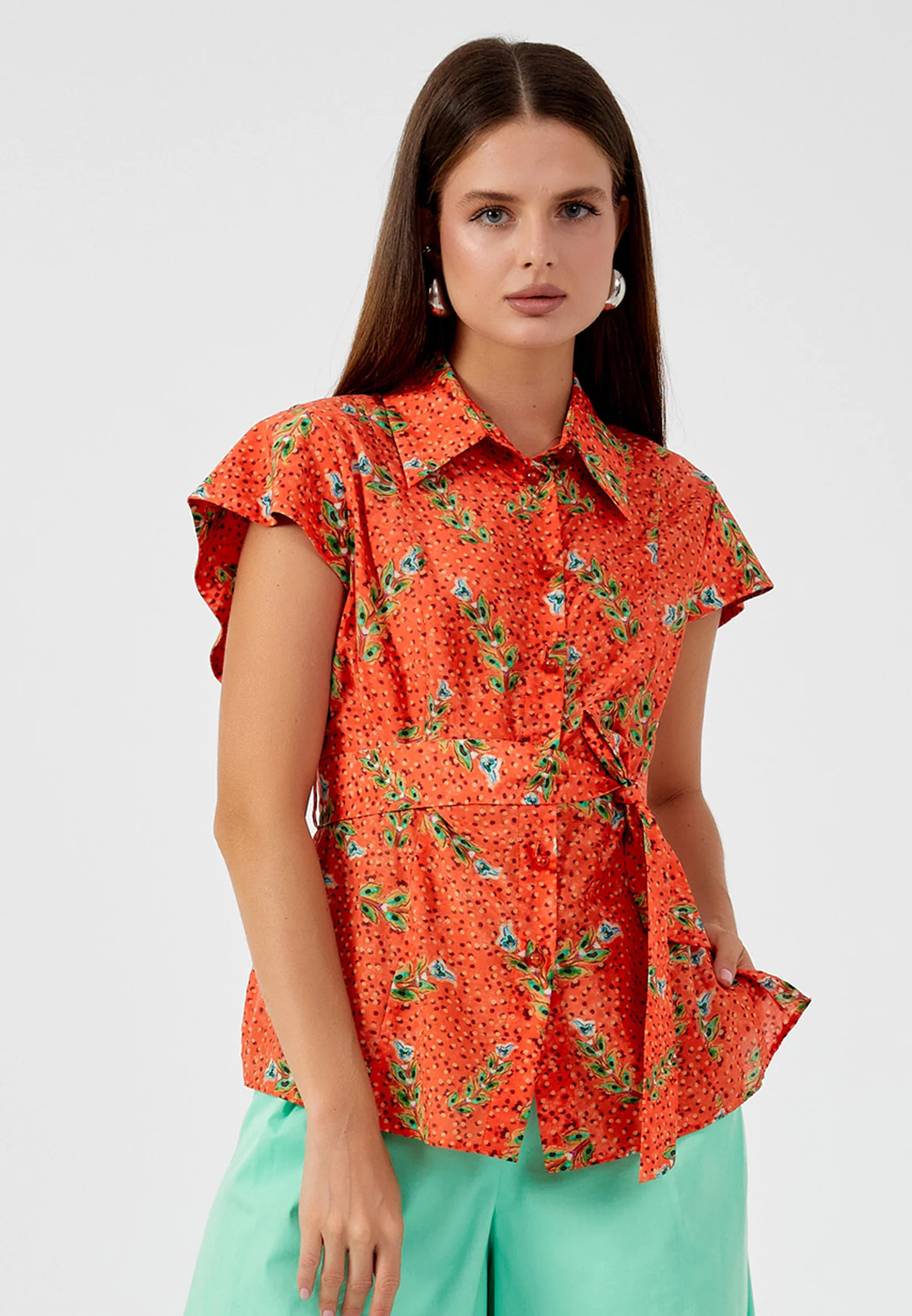 Short Sleeve Patterned Regular Blouse kmy24y10456
