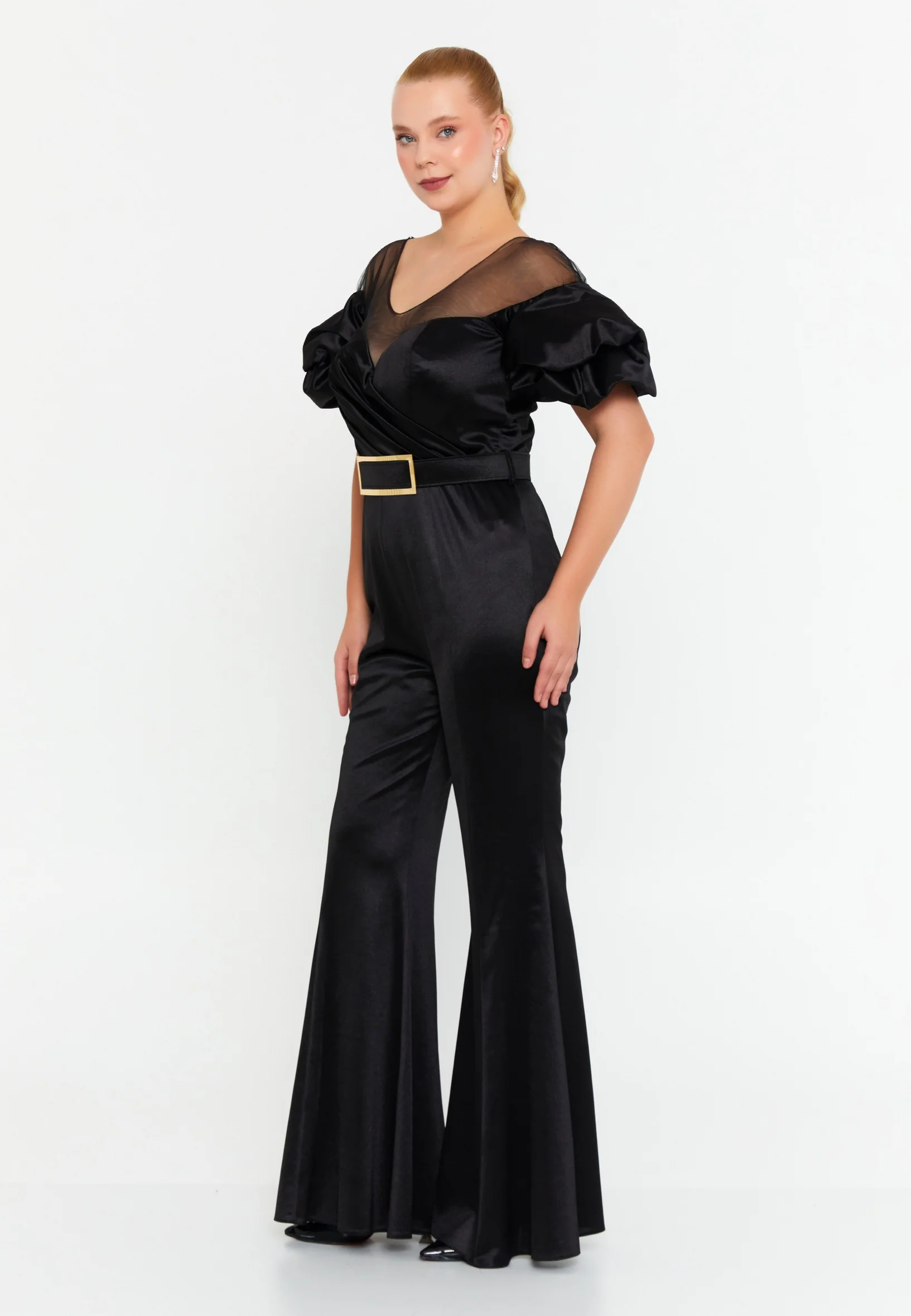 Short Sleeve Satin Regular Fit Plus Size Evening Jumpsuit crm22sel0899-b - Image 3