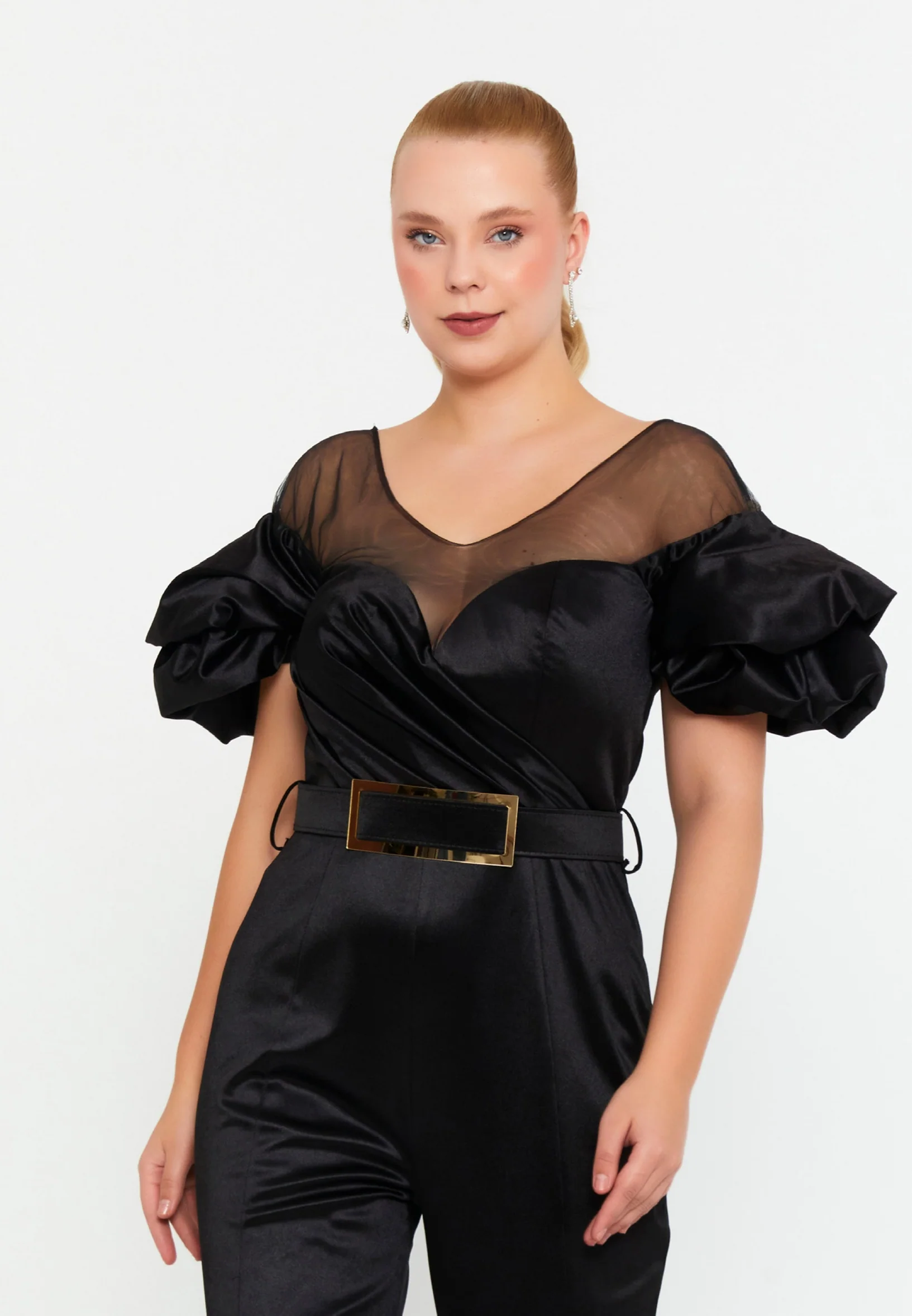 Short Sleeve Satin Regular Fit Plus Size Evening Jumpsuit crm22sel0899-b - Image 4