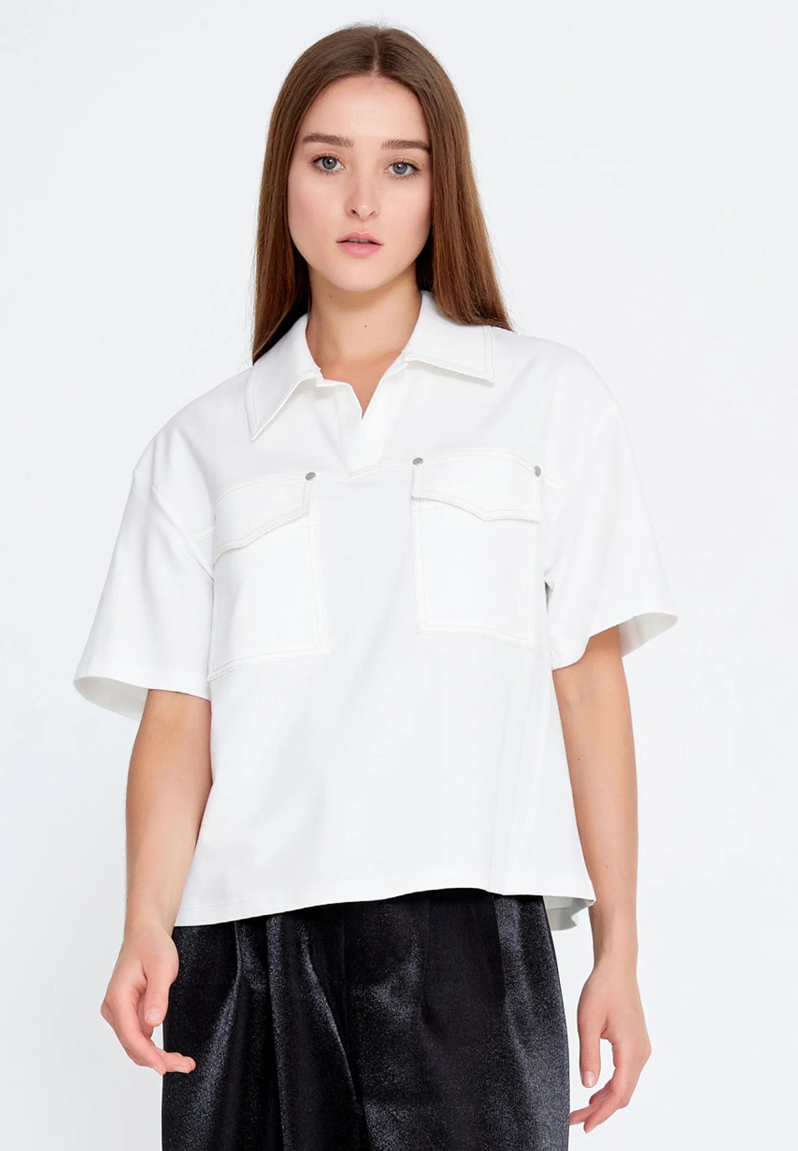Short Sleeve Solid Color Regular Blouse ber23y7117