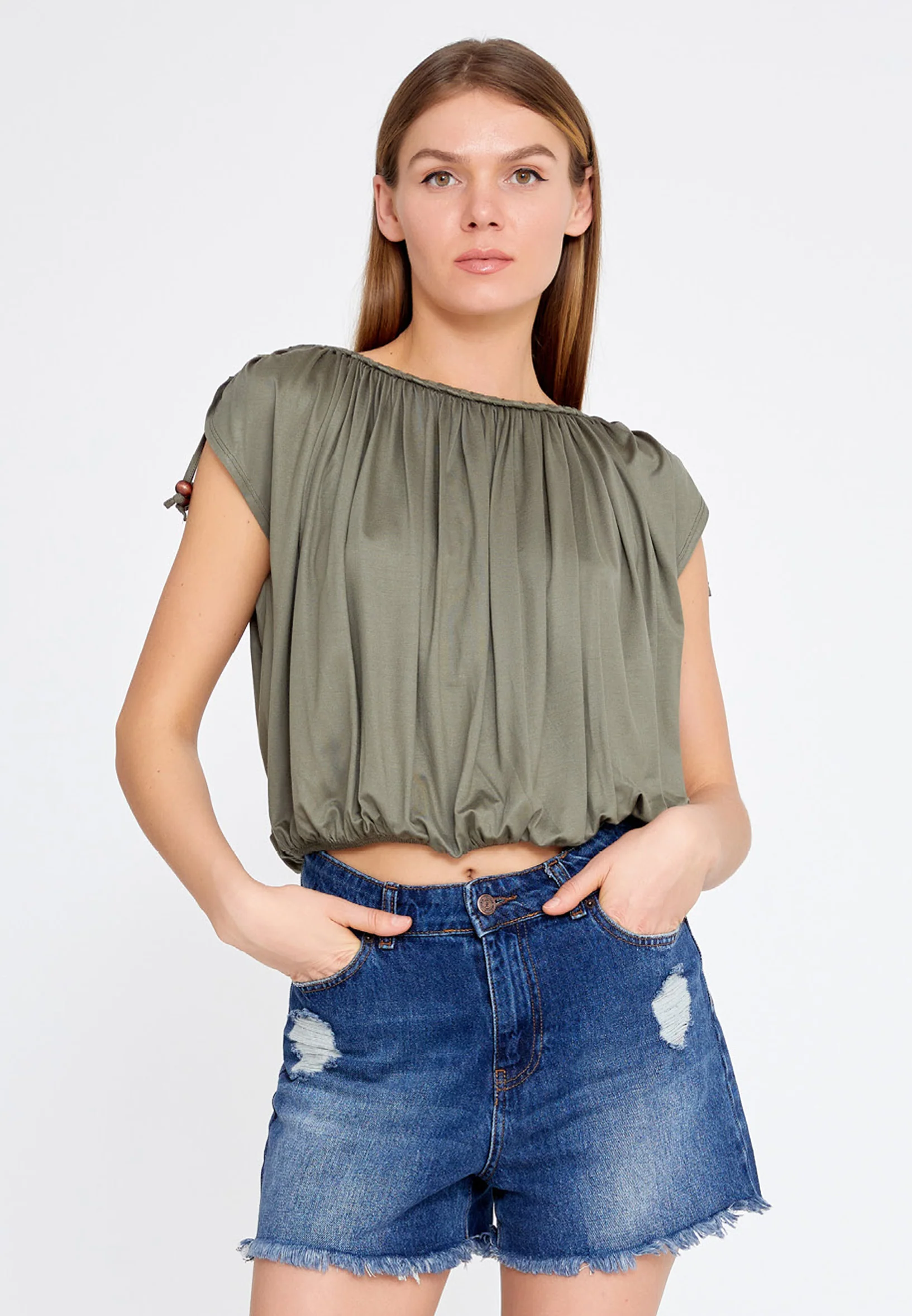Short Sleeve Solid Color Regular Blouse kmy22s10925 - Image 5