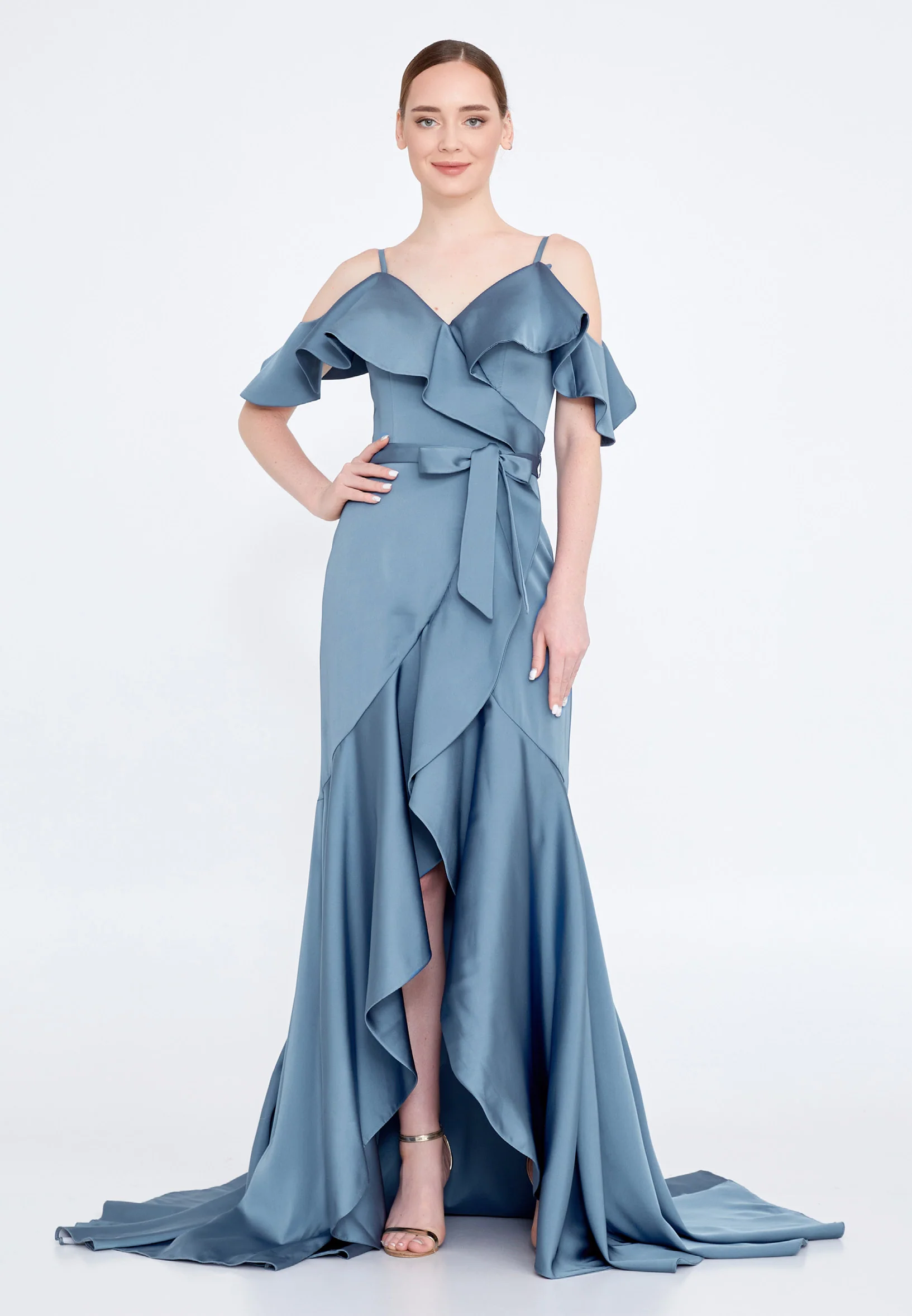 Sleeveless High-Low Satin Column Regular Wedding Guest Dress knz3096