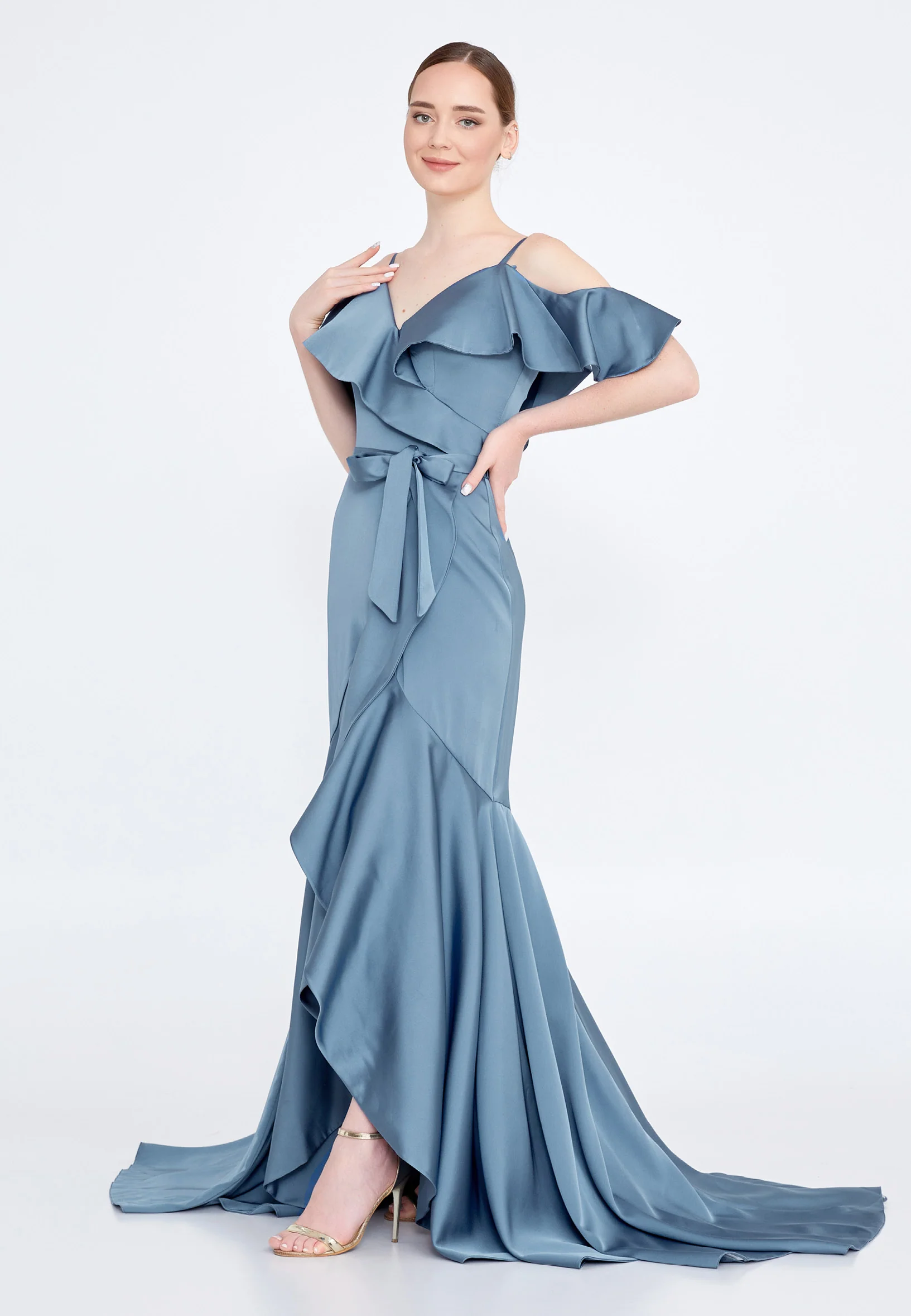 Sleeveless High-Low Satin Column Regular Wedding Guest Dress knz3096 - Image 3