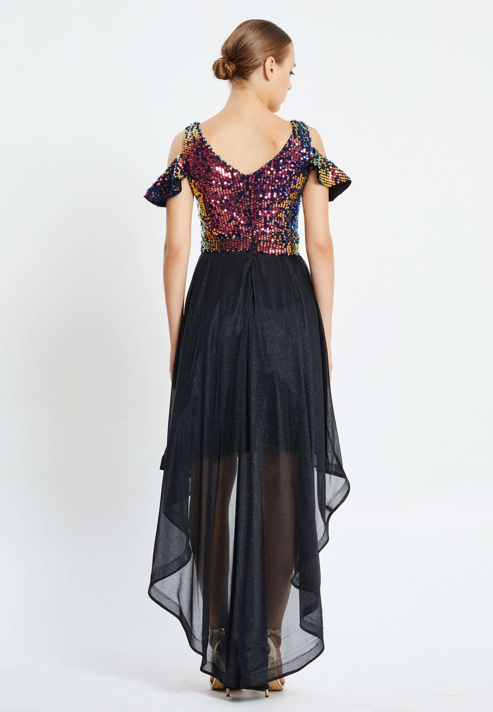 Sleeveless High-Low Sequin A - Line Regular Prom Dress pnl6830 - Image 2