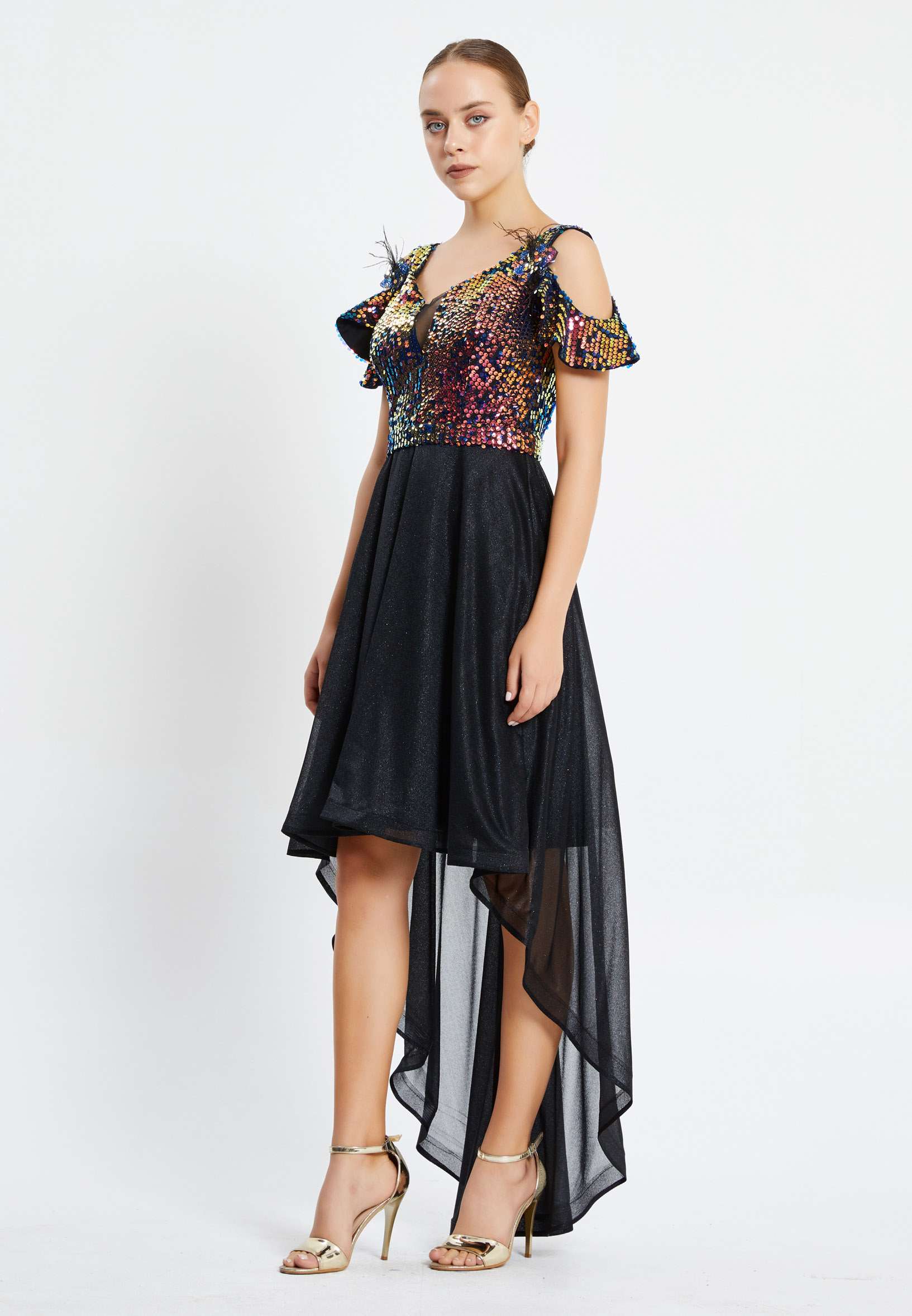 Sleeveless High-Low Sequin A - Line Regular Prom Dress pnl6830 - Image 3