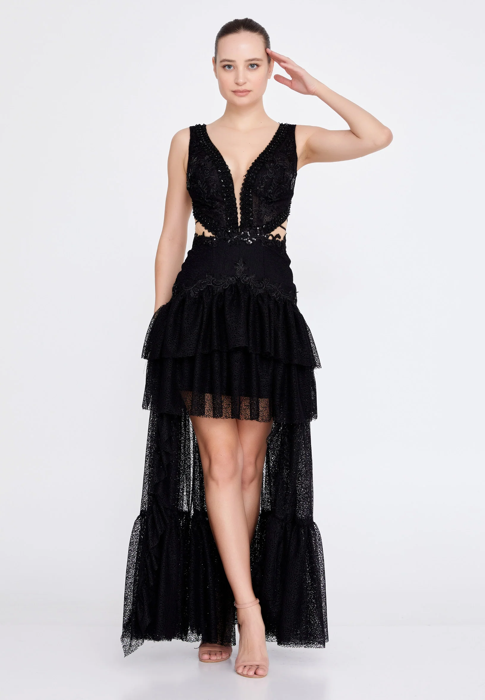 Sleeveless High-Low Tulle Column Regular Wedding Guest Dress omn755 - Image 5