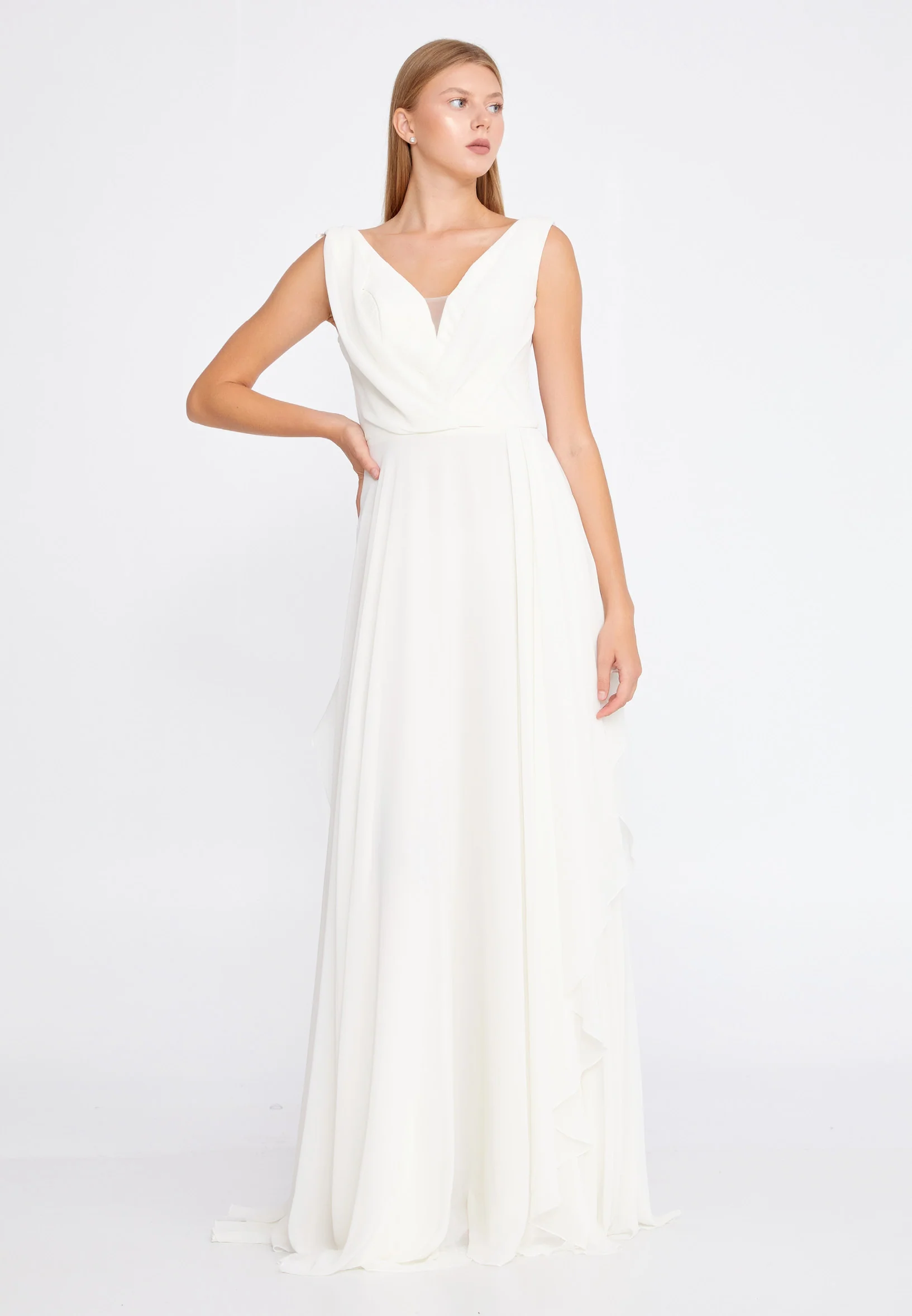 Sleeveless Maxi Chiffon Column Regular Wedding Guest Dress rmn3111 - Image 9
