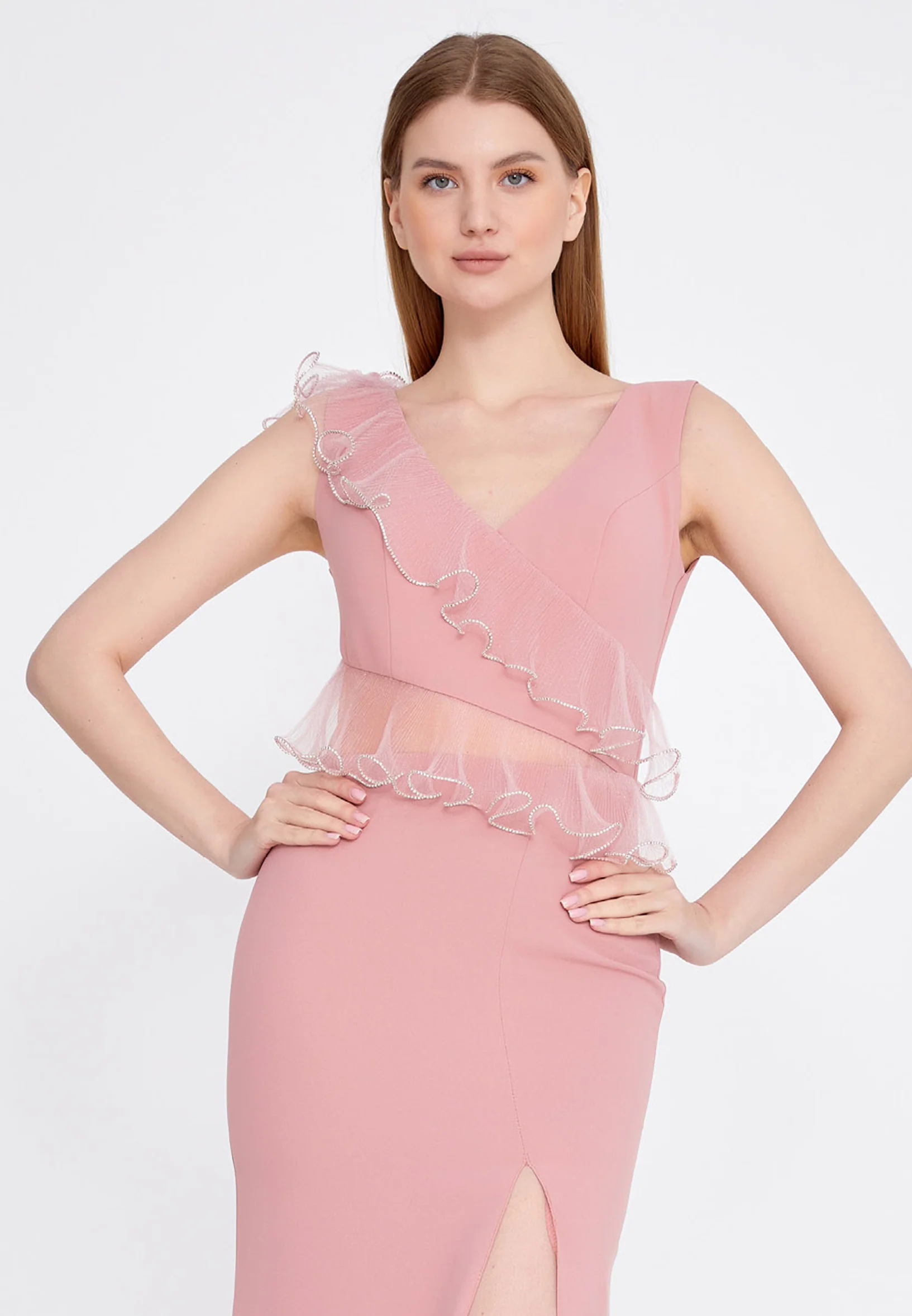 Sleeveless Maxi Crepe Column Regular Evening Dress rmn3197 - Image 24