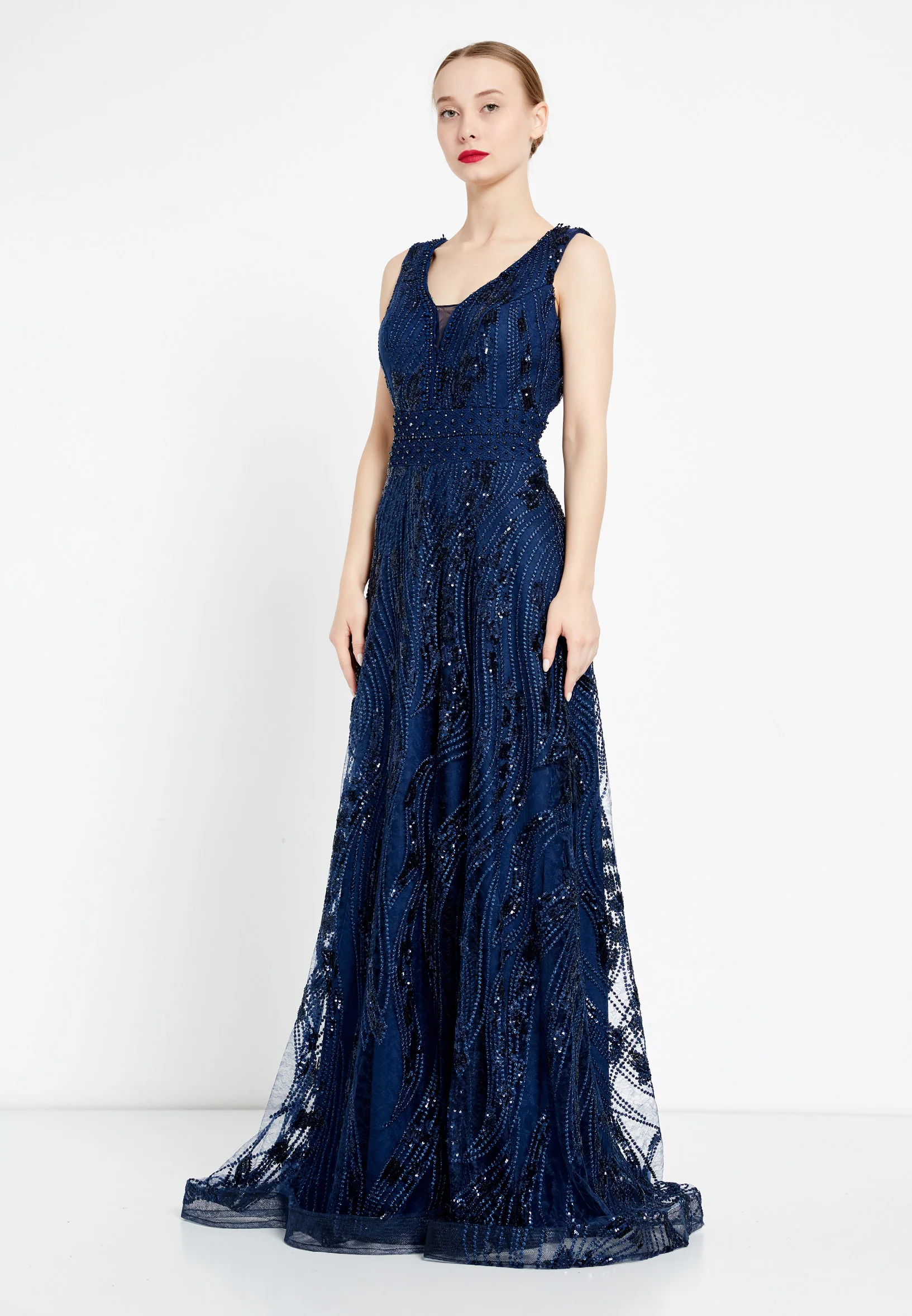 Sleeveless Maxi Sequin A - Line Regular Prom Dress rmn2919 - Image 11