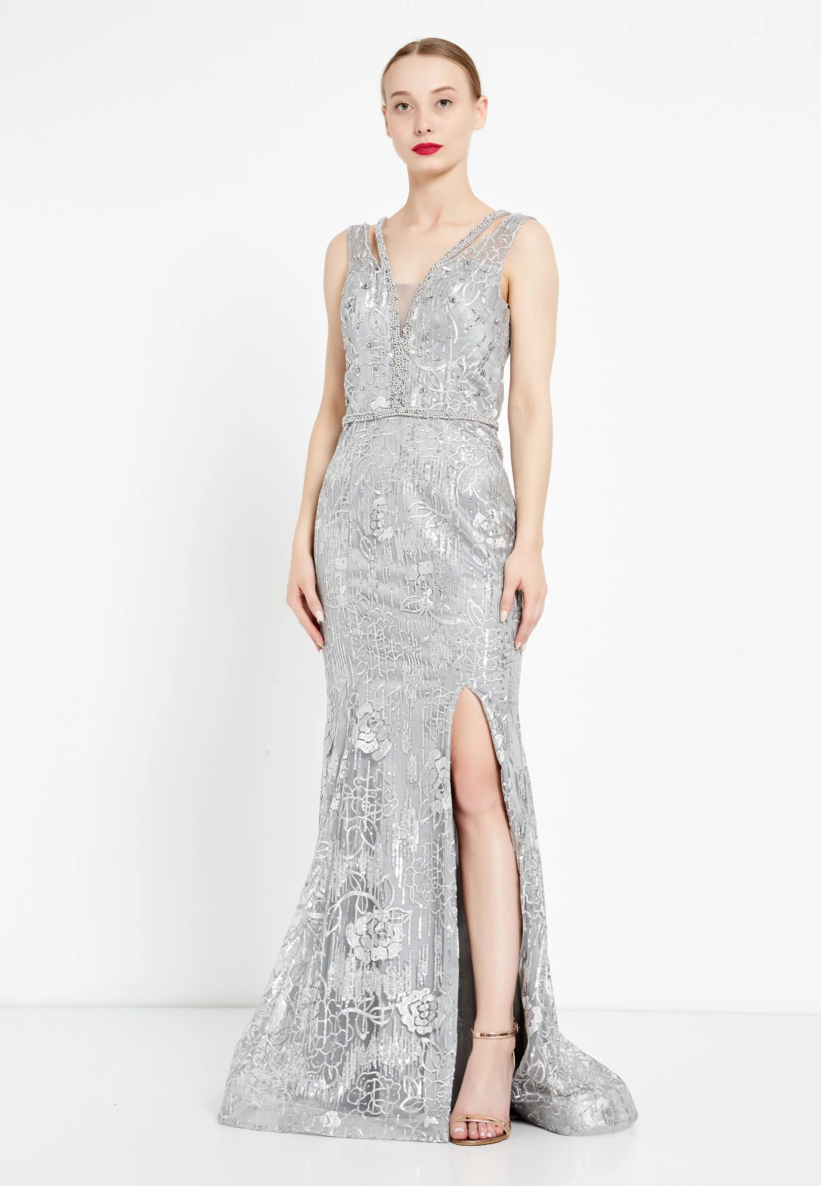 Sleeveless Maxi Sequin Mermaid Regular Evening Dress rmn2956 - Image 7