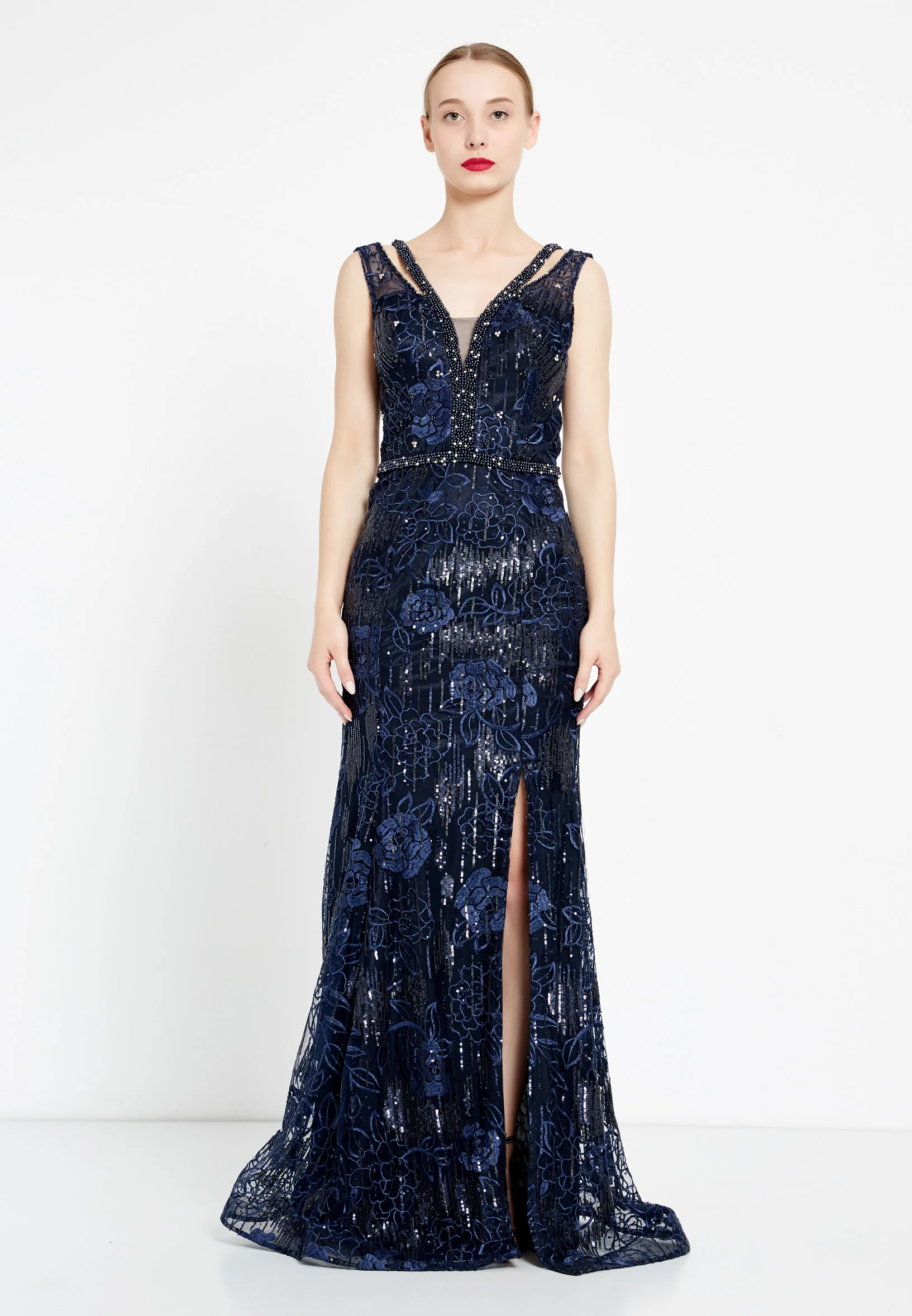 Sleeveless Maxi Sequin Mermaid Regular Evening Dress rmn2956 - Image 9