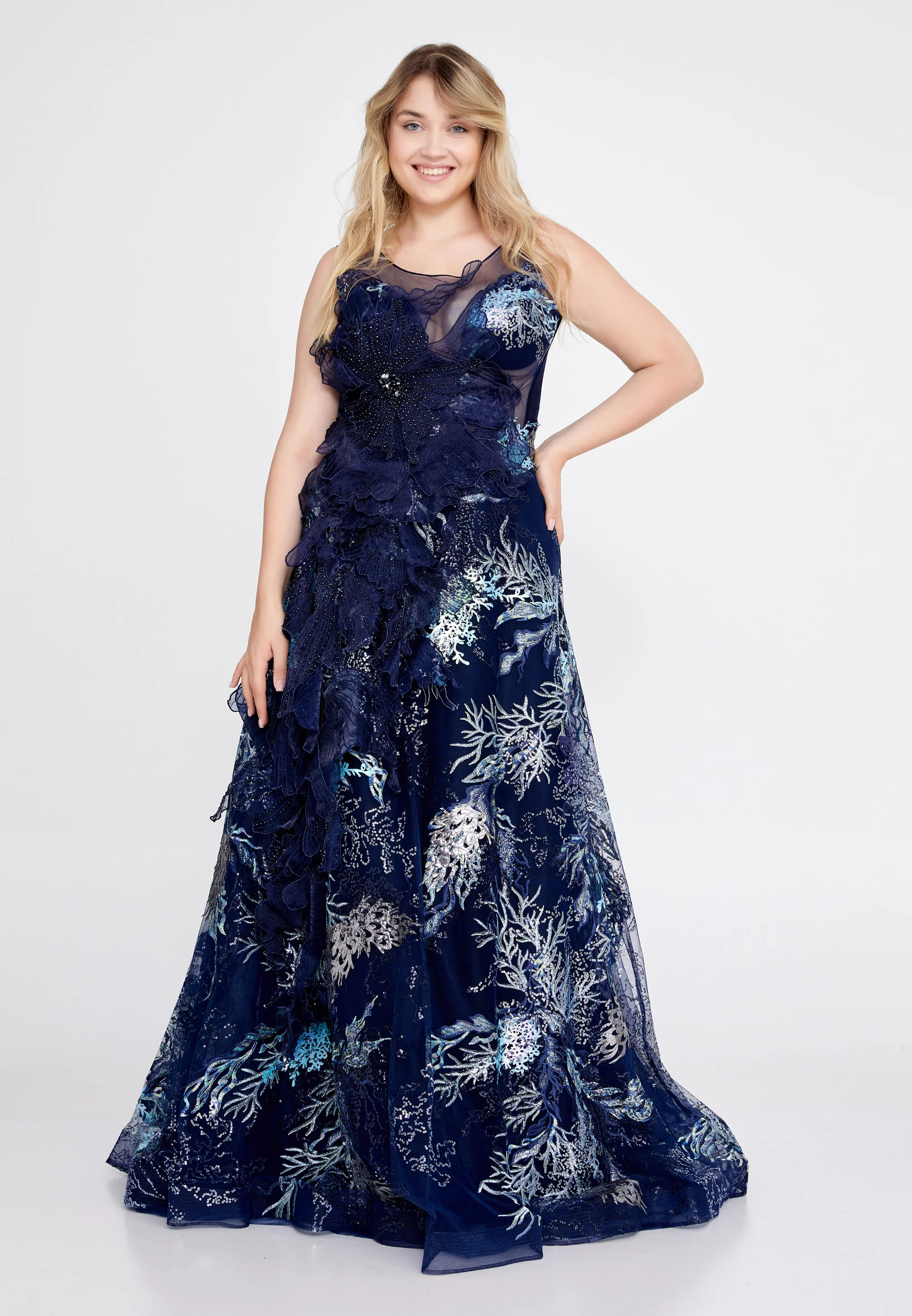 Sleeveless Maxi Tulle A - Line Plus Size Prom Dress pau4214-1