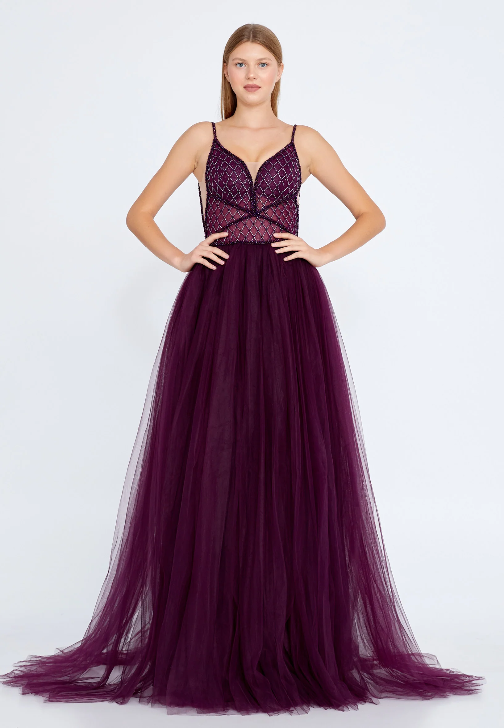 Sleeveless Maxi Tulle A - Line Regular Prom Dress aln1438 - Image 29