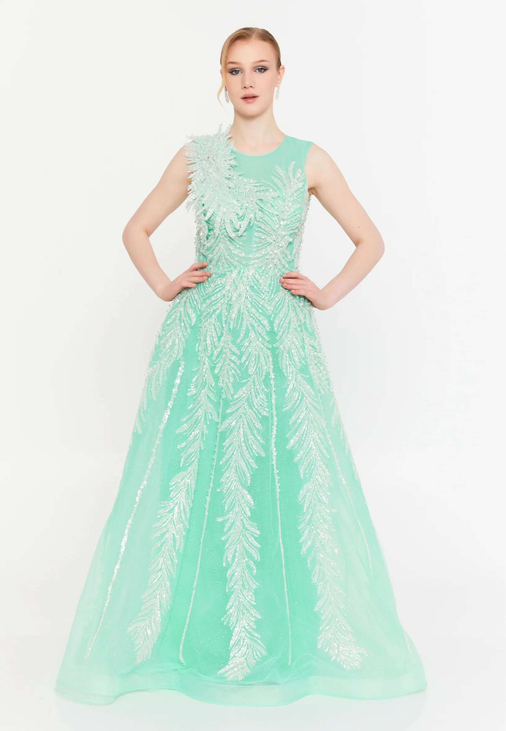 Sleeveless Maxi Tulle A - Line Regular Prom Dress mtr88223 - Image 7