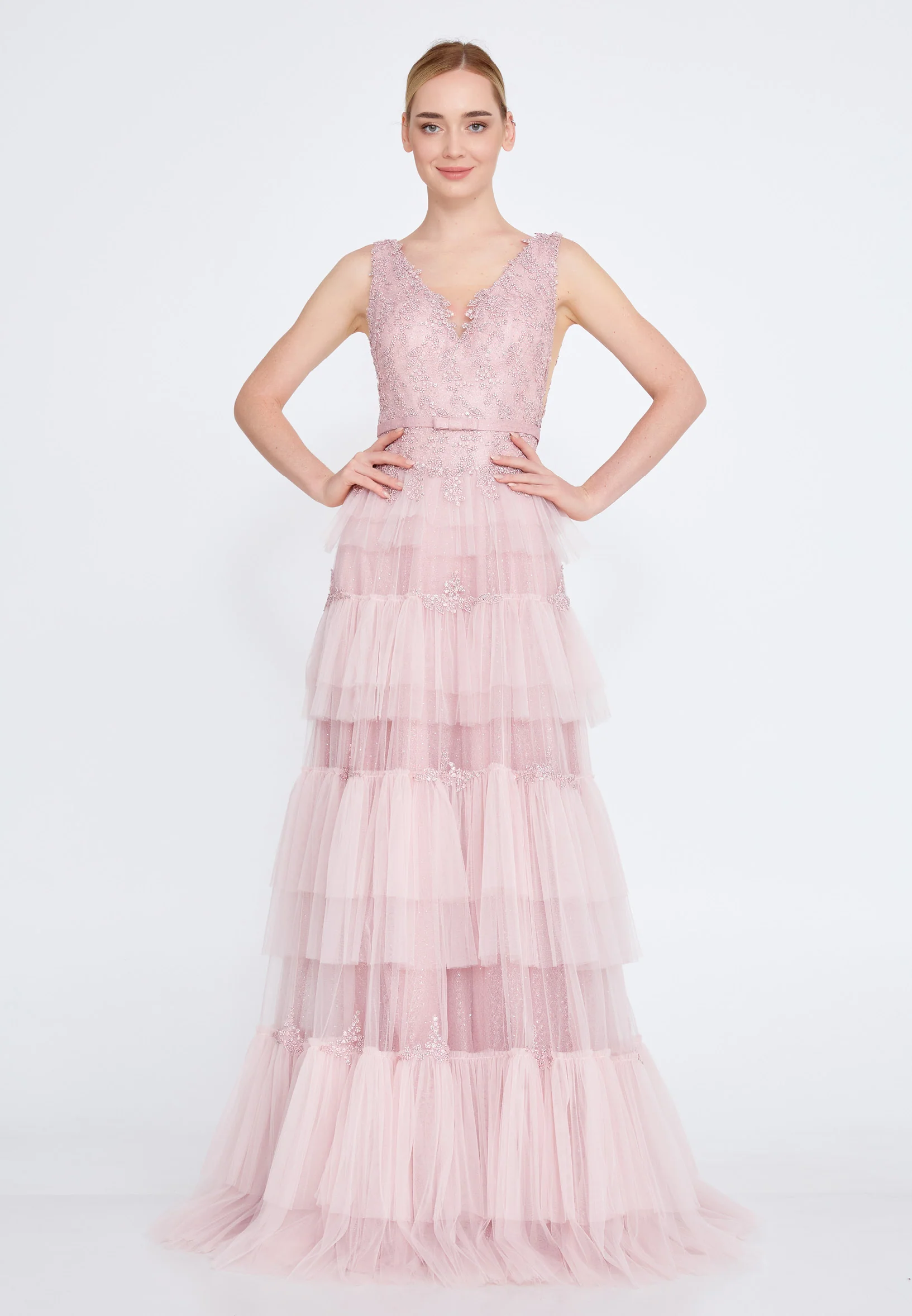 Sleeveless Maxi Tulle A - Line Regular Prom Dress omn2138 - Image 13